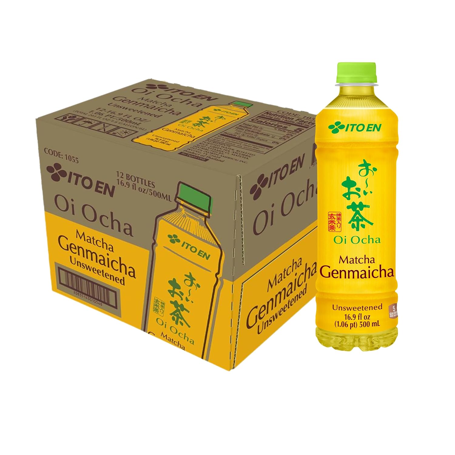 Ito En Oi Ocha Unsweetened Matcha Genmaicha Green Tea, 16.9 Fluid Ounce (Pack of 12), Low Calorie