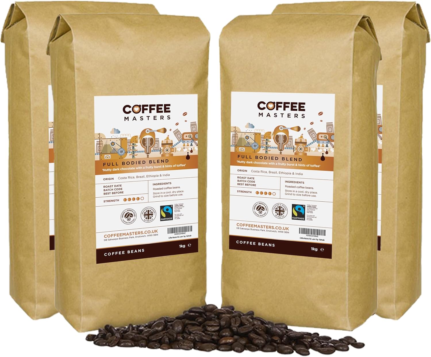 Coffee Masters Full Bodied Espresso Coffee Beans 4x1kg - Medium Dark Roast Arabica Blend, Perfect for Barista Machines - Fairtrade Certified