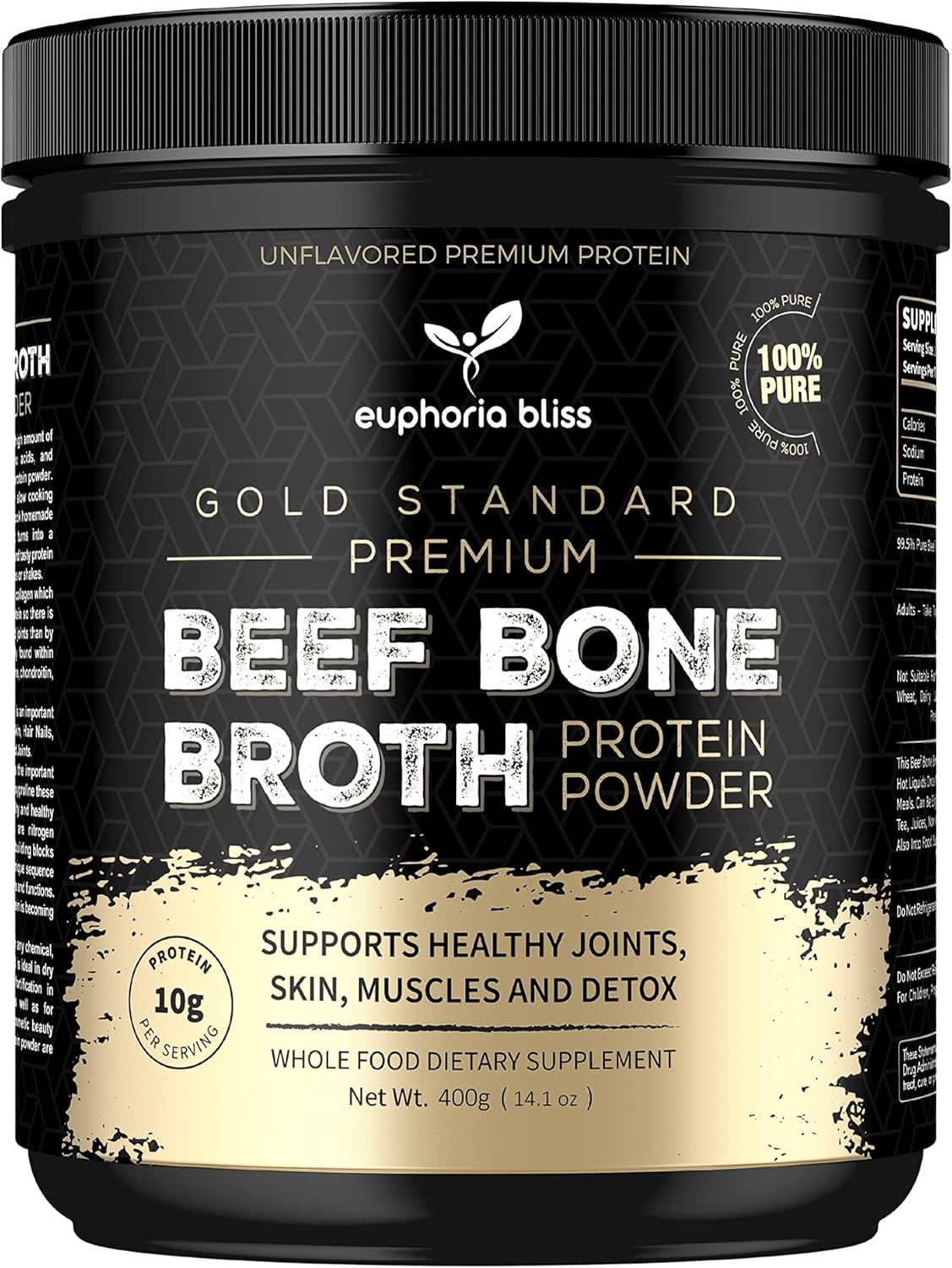 Euphoria Bliss Beef Bone Broth Powder 400g | Sweden Grass Fed | No Hormones or Additives | Unflavoured High Grade Beef Bone Broth | Halal