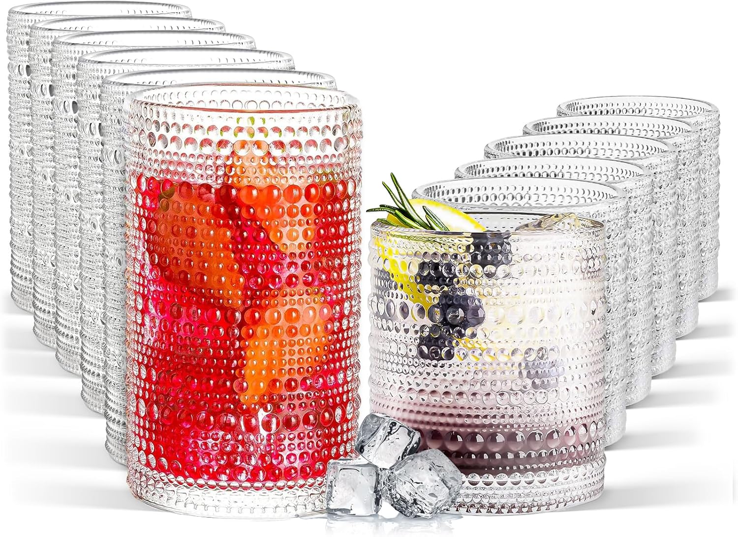 Hobnail Drinking Glasses Set of 12, 11.8 oz Vintage Glasses Drinking Set & 10 oz Cocktail Glasses Set, Embossed Glass Cups for Kitchen, Beer, Juice, Cocktail, Whiskey, Milk