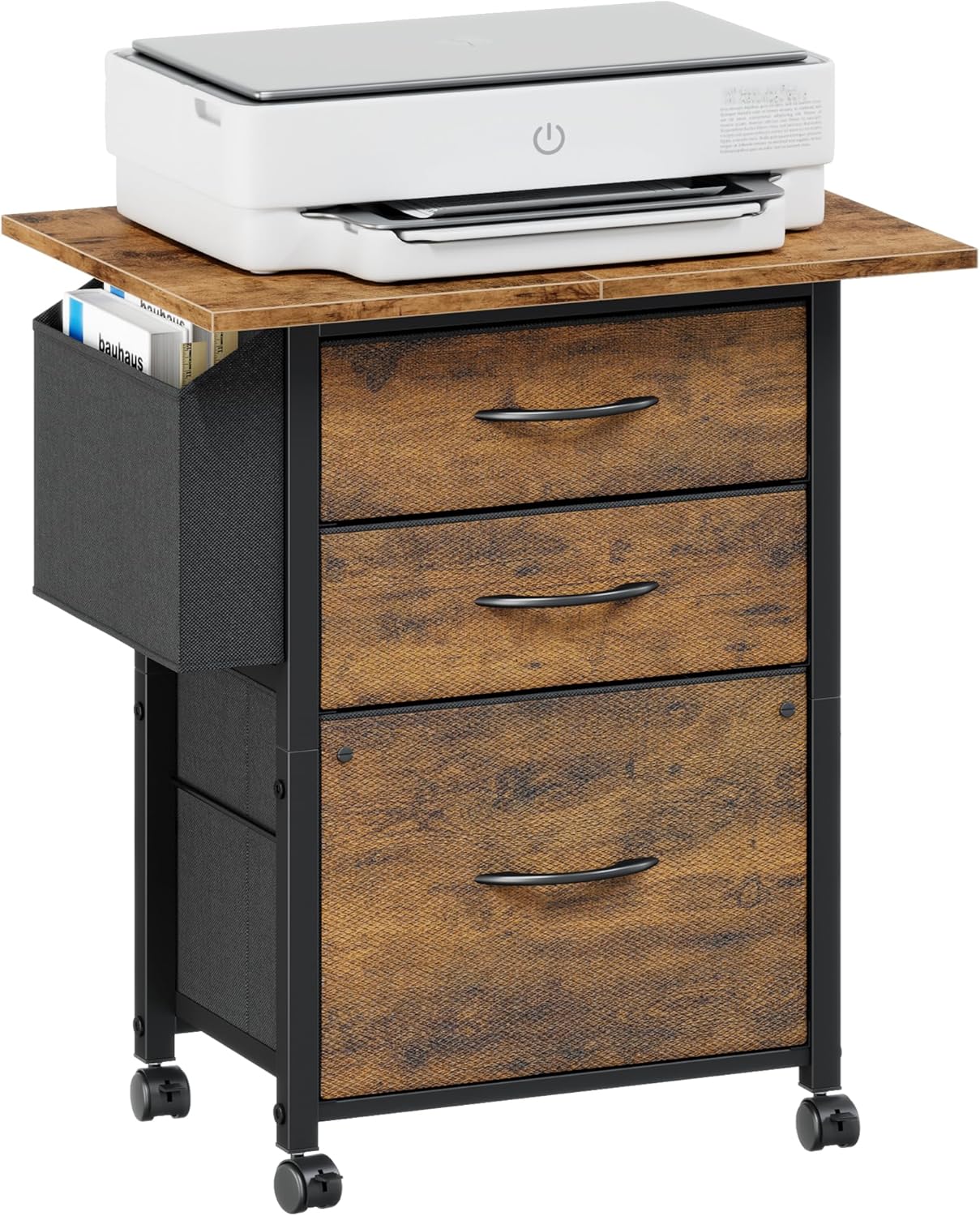 3 Drawer File Cabinet with 22'' Extended Shelf, Mobile Filing Cabinet Fits A4/Letter Files, Rolling File Cabinet Home Office with Side Bag, Printer Stand, Fabric Drawer, Rustic Brown
