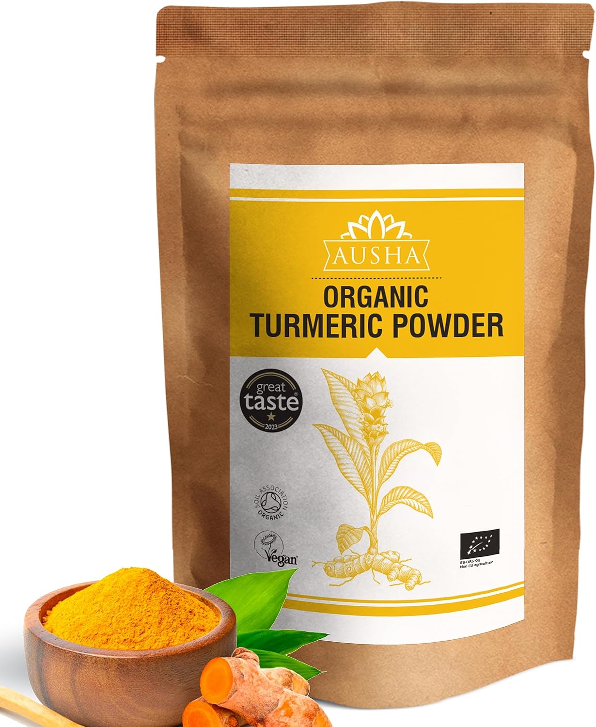 Ausha Organic Turmeric Powder 500g 5-6% High Curcumin - UK Certified Organic by Soil Association - Cooking, Turmeric Shot - 1* Great Taste Award 2023