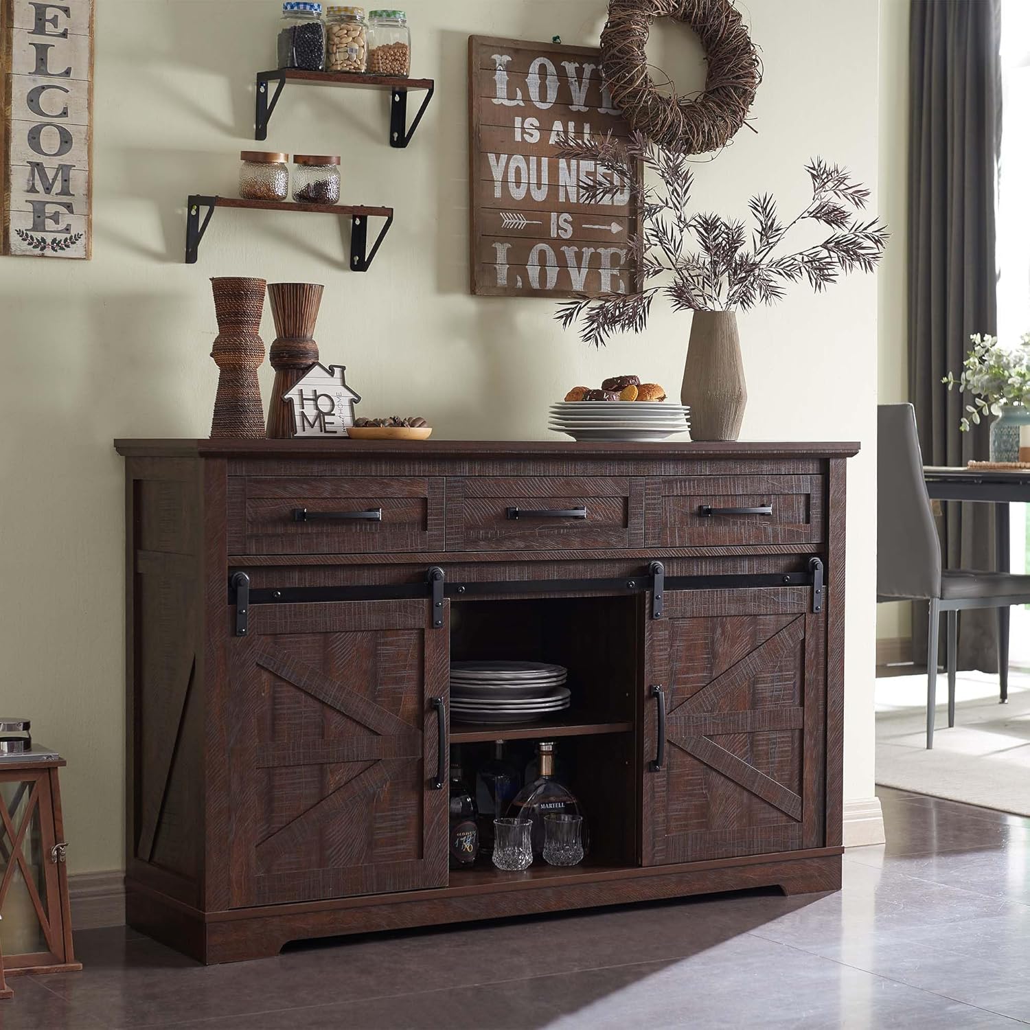 Farmhouse Buffet Cabinet, 53” Sideboard Cabinet w/3 Drawer, Rustic Storage Cabinet w/Sliding Barn Door, Coffee Bar Cabinet for Dinning Room, Kitchen, Hallway, and Living Room, Brown