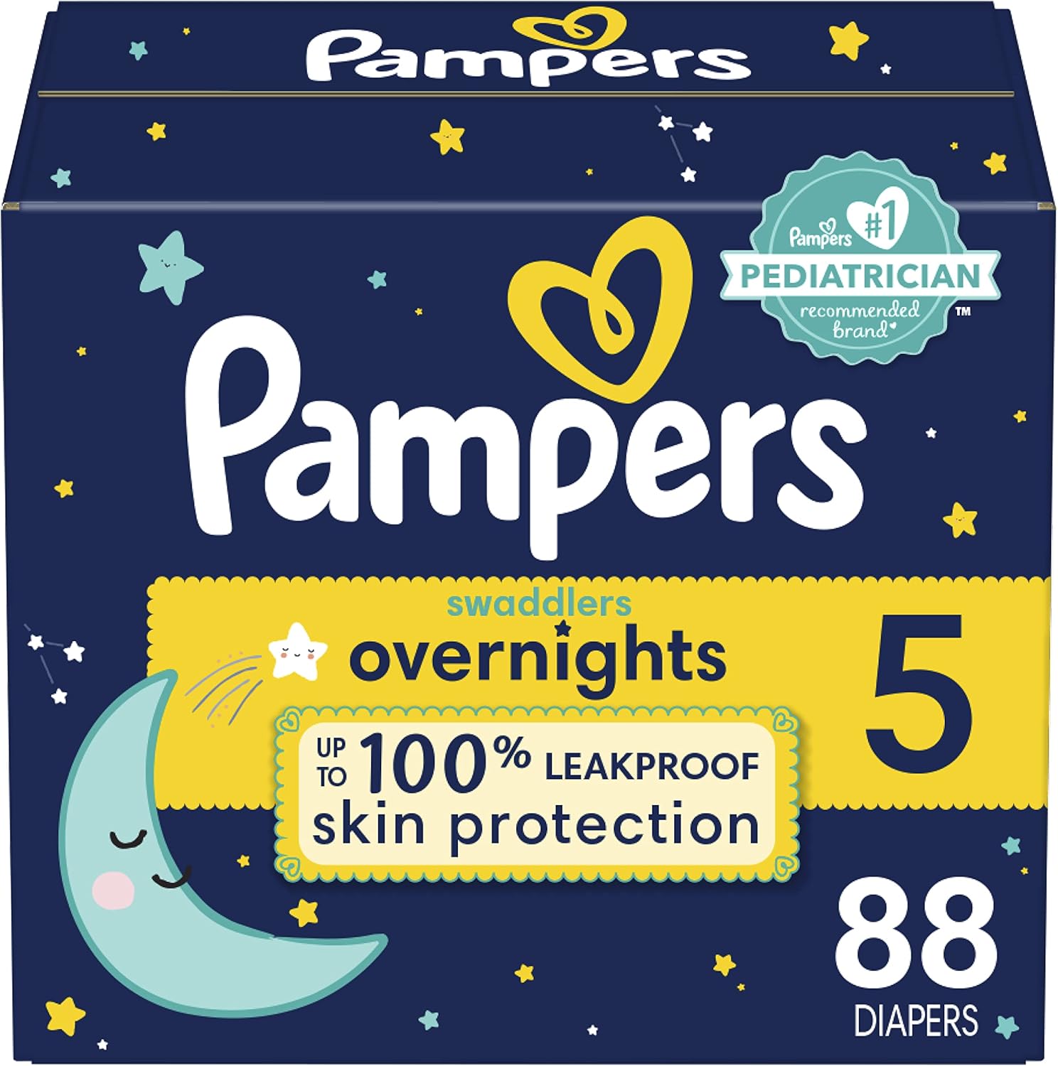 Pampers Overnight Diapers - Swaddlers Overnights - Size 5, 88 Count, Disposable Baby Diaper, Night Time Leak and Skin Protection
