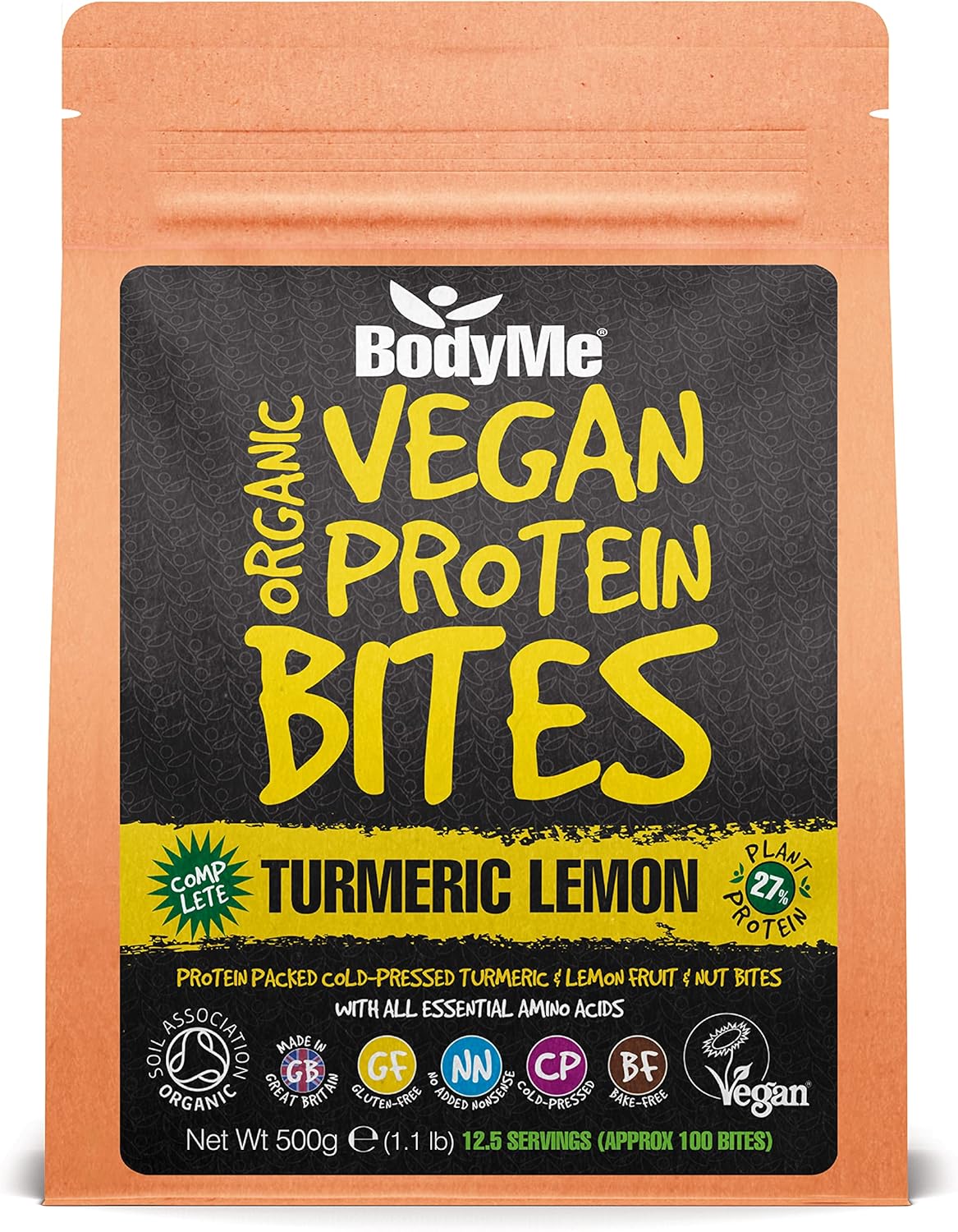 BODYME Organic Vegan Protein Bites – Raw Turmeric and Lemon - 100% Plant-Based, No Added Sugar – Gluten-Free, Dairy-Free-On-The-Go High Protein Snack- 10g Protein Per Serving (500g - 12.5 Servings)