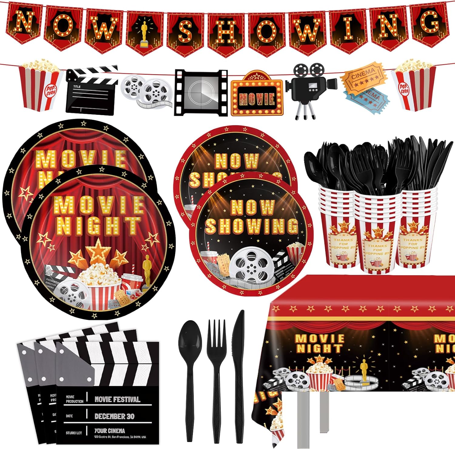 212pcs Movie Night Supplies Now Showing Party Plates Napkins Tablecloth Banner Cups Theater Hollywood Clapboard Napkins Paper Disposable Red Carpet Birthday Party Decorations Serves 30 Guests
