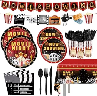 212pcs Movie Night Supplies Now Showing Party Plates Napkins Tablecloth Banner Cups Theater Hollywood Clapboard Napkins Paper Disposable Red Carpet Birthday Party Decorations Serves 30 Guests