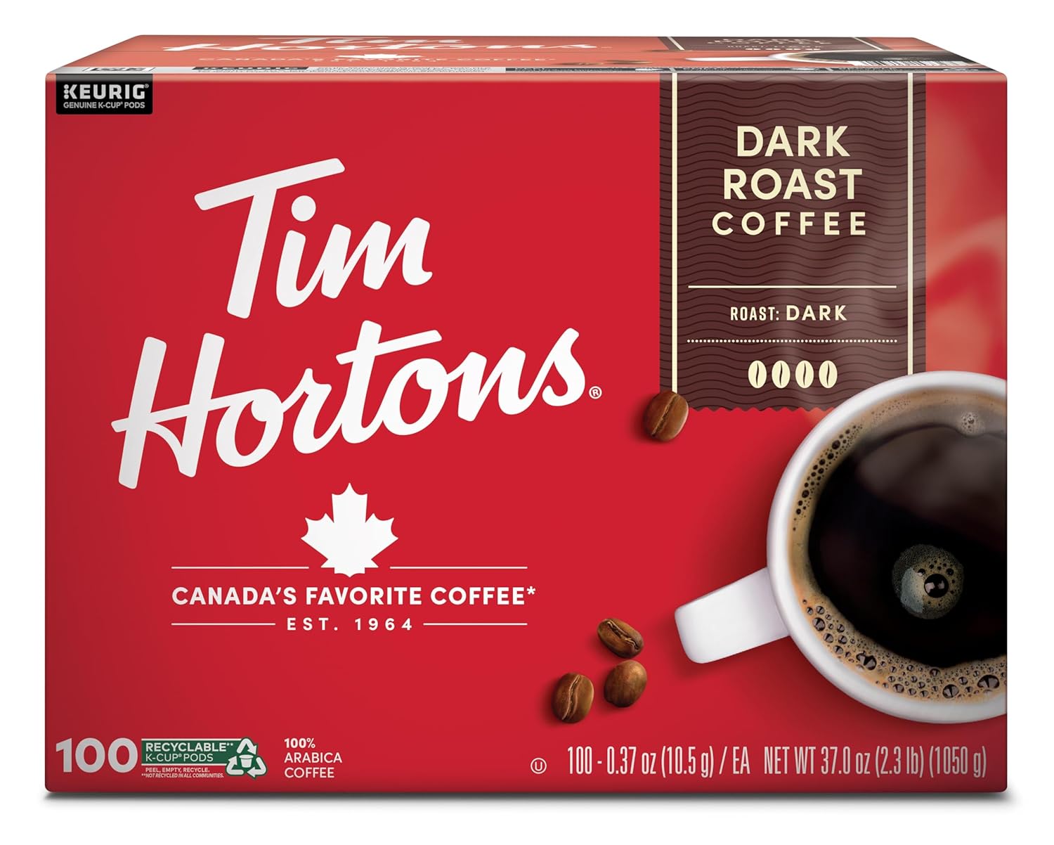 Tim Hortons Dark Roast Coffee, Single-Serve K-Cup Pods Compatible with Keurig Brewers, 100ct K-Cups