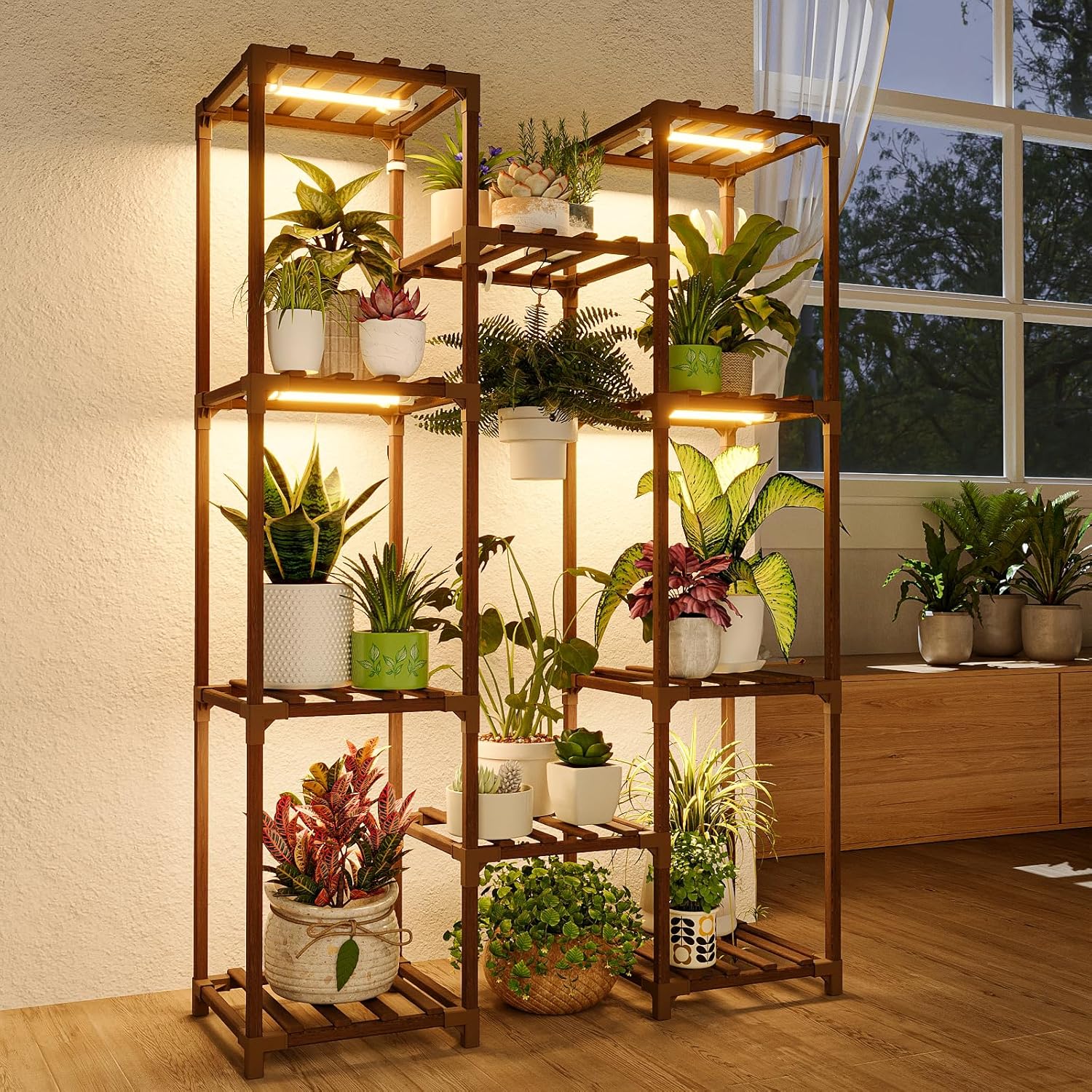 Bamworld Plant Stand with Grow Light Plant Shelf for Mutiple Pots Large Plant Holder for Living Room Patio Boho Home Decor for Gardening Warm Light | Large Plant Holder for Living Room Patio Boho Home Decor for Gardening Warm Light