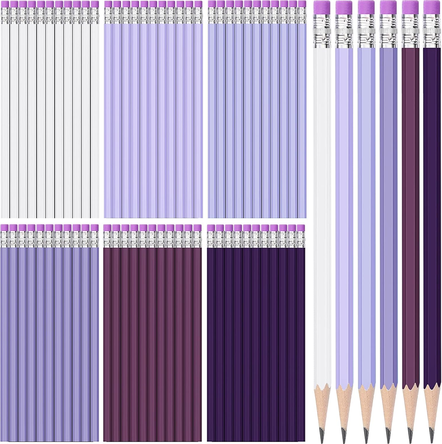 TecUnite 60 Pcs HB Pencils #2 Unsharpened Wood Cased Pencils with Eraser Hexagonal Pencil Cute Graphite No 2 Pencils for Kids Adults Gifts Exam School Office Sketching Learning (Purple Series, White)