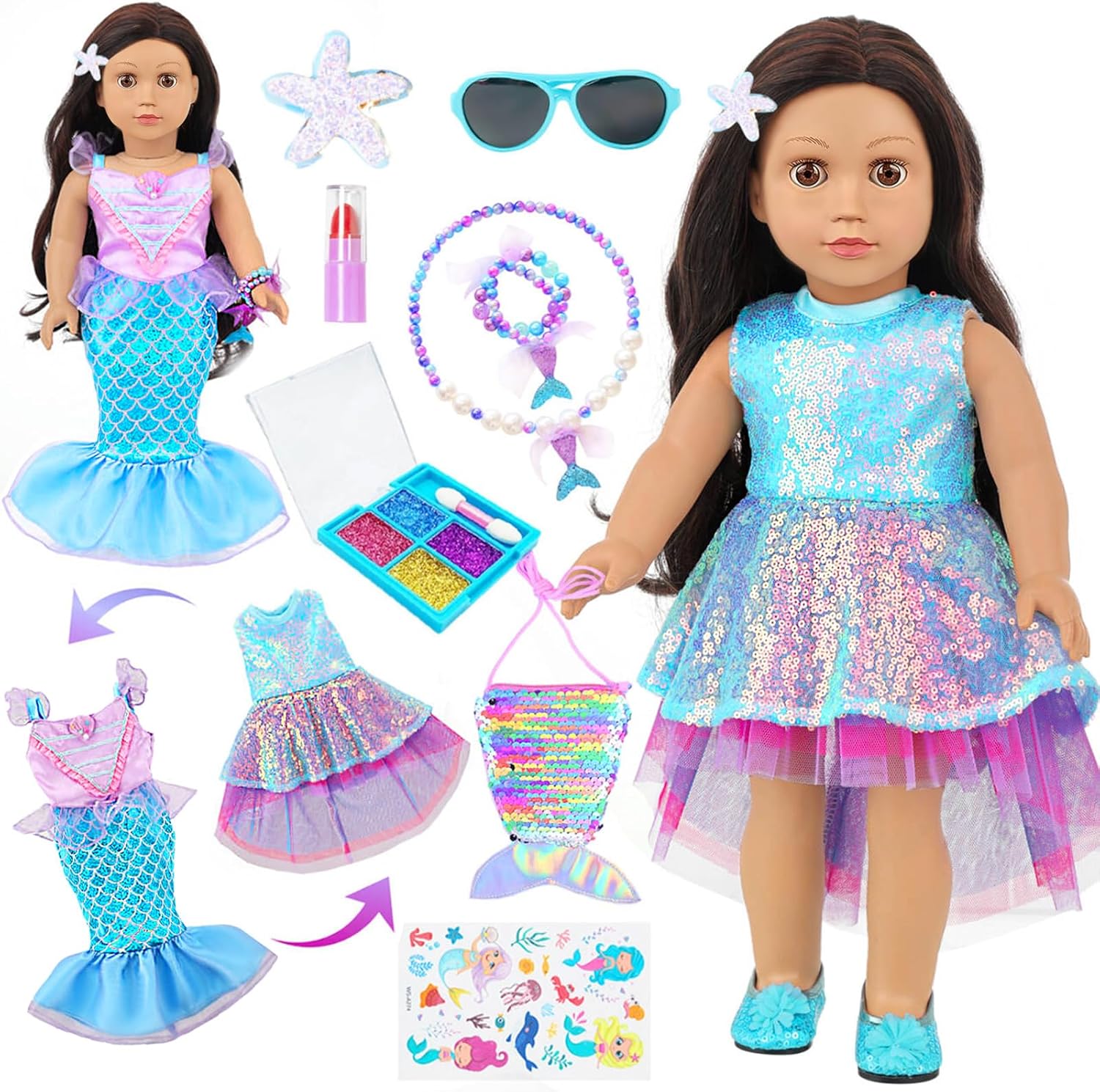 American 18 Inch Doll Makeup Accessories and Mermaid Clothes Set,Included 2 Pieces Clothes,Mermaid Messenger Bag,Starfish Hairpin,Lipstick,Necklace,Bracelet,Eye Shadow and Sticker(NO Doll and Shoes)