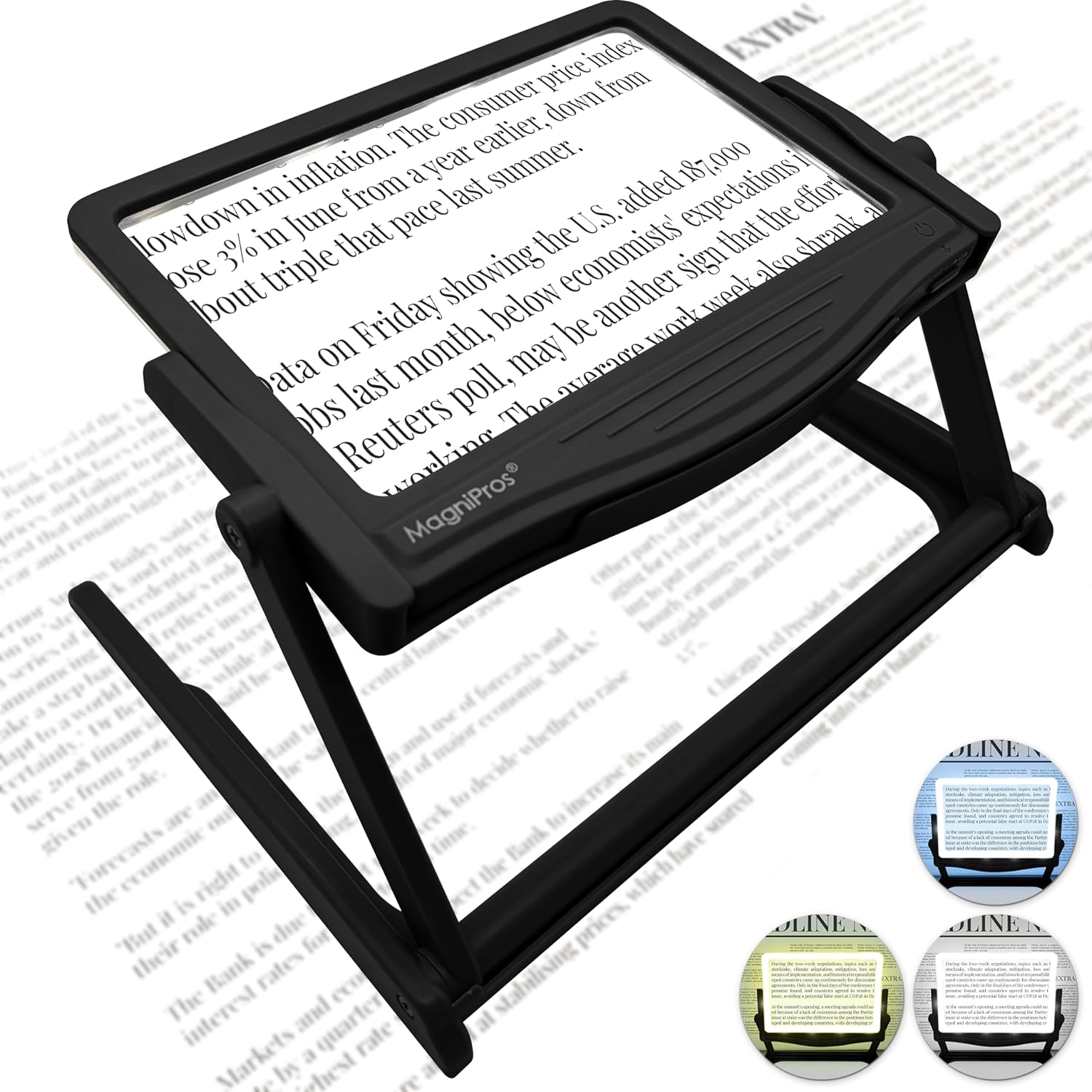 MAGNIPROS Patented 5X Large LED Page Magnifier with Detachable Stand | Eye Caring 3 Color Light Modes & Anti-Glare Lens to Reduce Eye Strain-Ideal for Reading Fine Print, Crafting, Low Vision Seniors