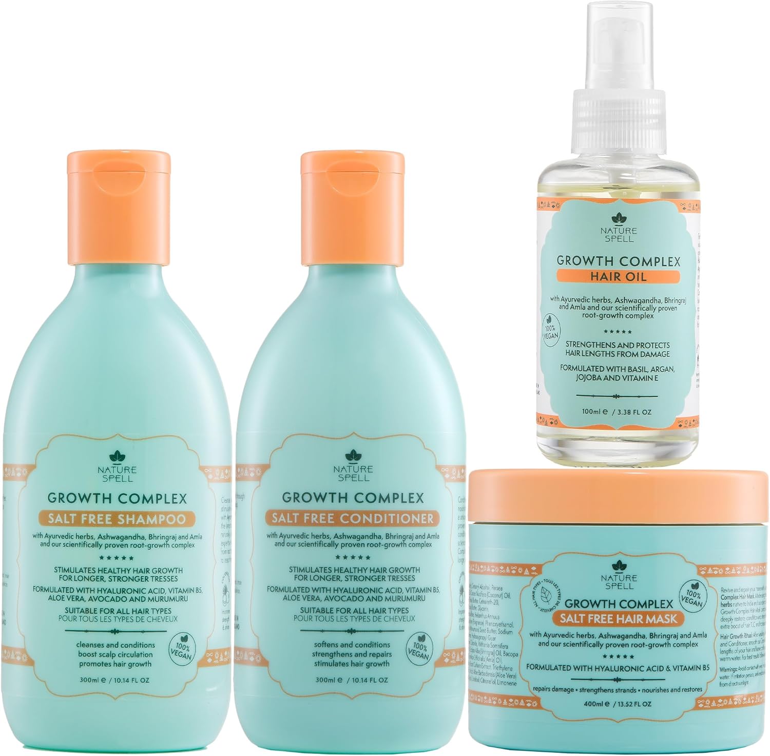 Nature Spell Growth Complex Shampoo and Conditioner, Hair Growth Oil and Hair Mask Set – Pack Of 4 Haircare Set– Salt & Sulphate Free Hair Shampoo and Conditioner– 300ml x2 400ml x1 100ml x1