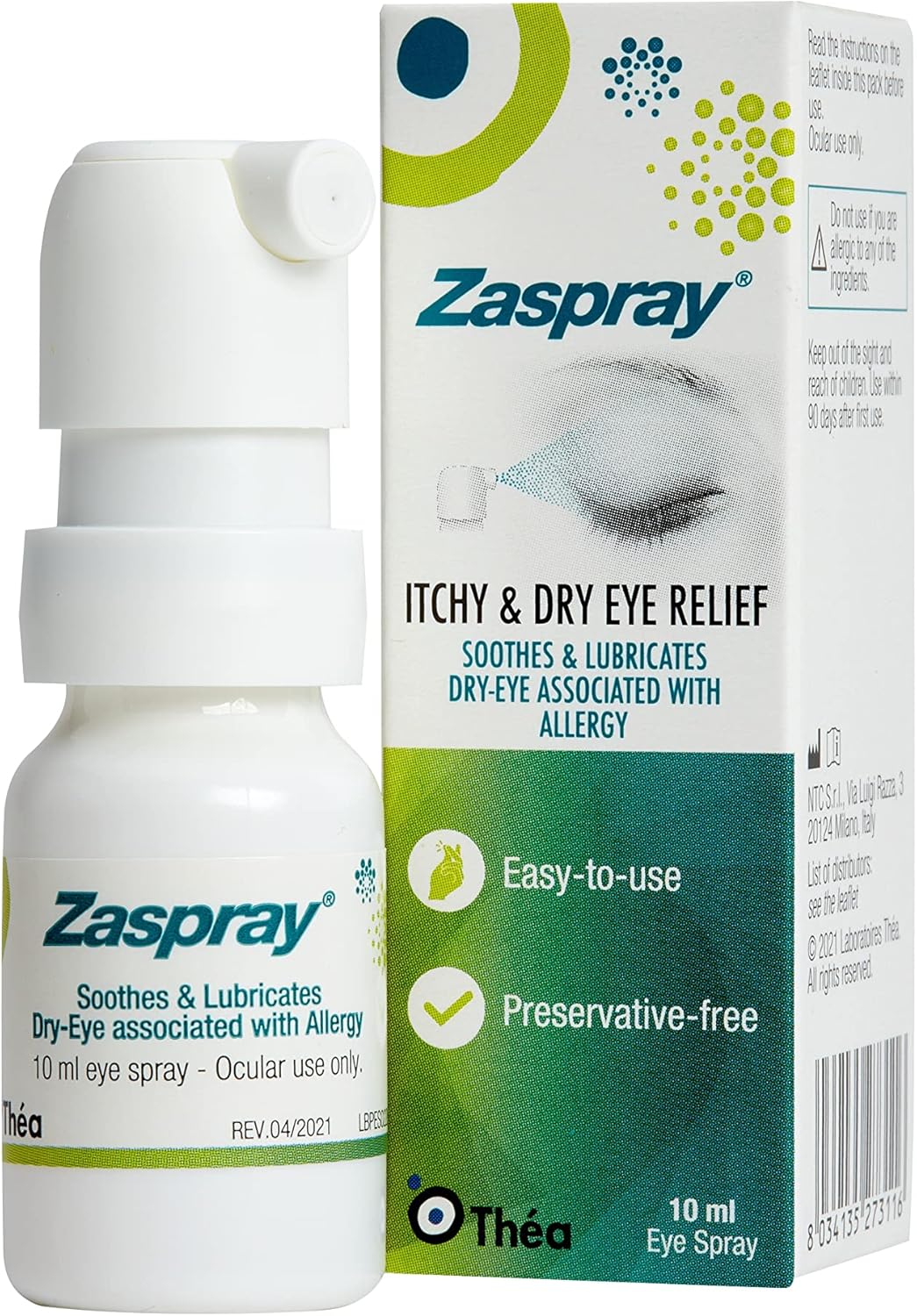 Zaspray Dry Eye Relief Spray | for Irritated Itchy and Red Eyes | Soothes and Hydrates Dry Eyes Due to Allergy | Preservative-Free Formula | Easy-Use 10ml Bottle