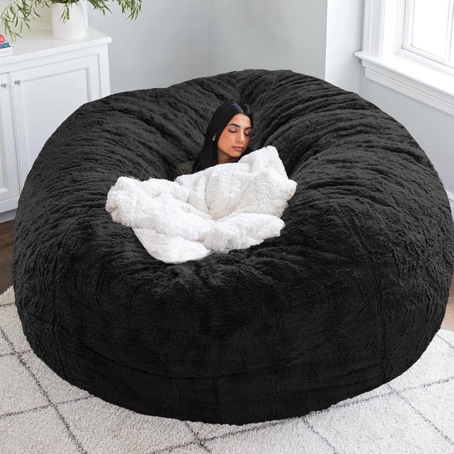 Beanbag Chair Cover for Adults and Kids Giant Fluffy Beanbag Cover for Lazy Sofa Bed Floor Chair, Black, 6FT