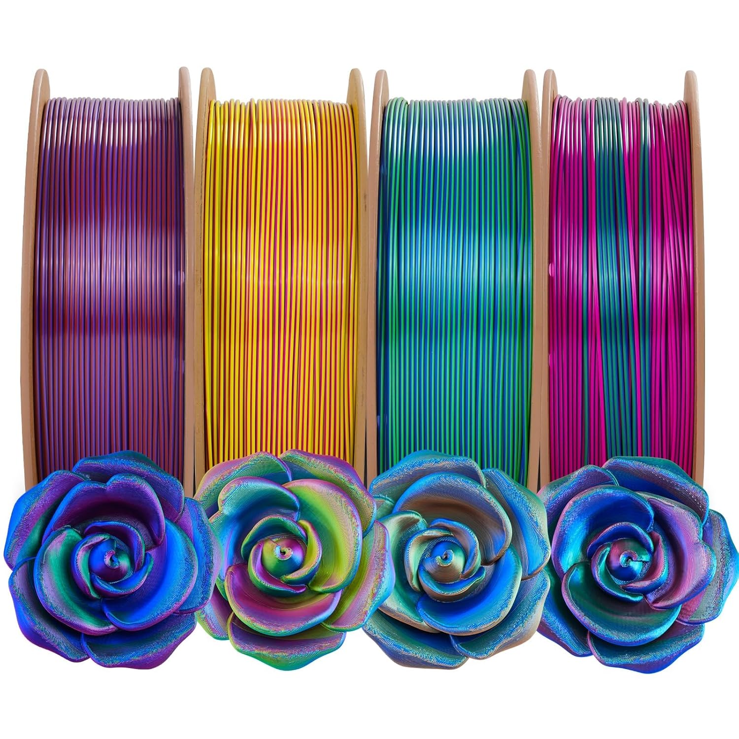 Comgrow Tri-Colors Silk PLA 3D Printer Filament, Rainbow PLA Filament 1.75mm, Dimensional Accuracy +/- 0.02 mm, 4 * 1KG Spool, Coextrusion 3D Filament with Shiny Silk