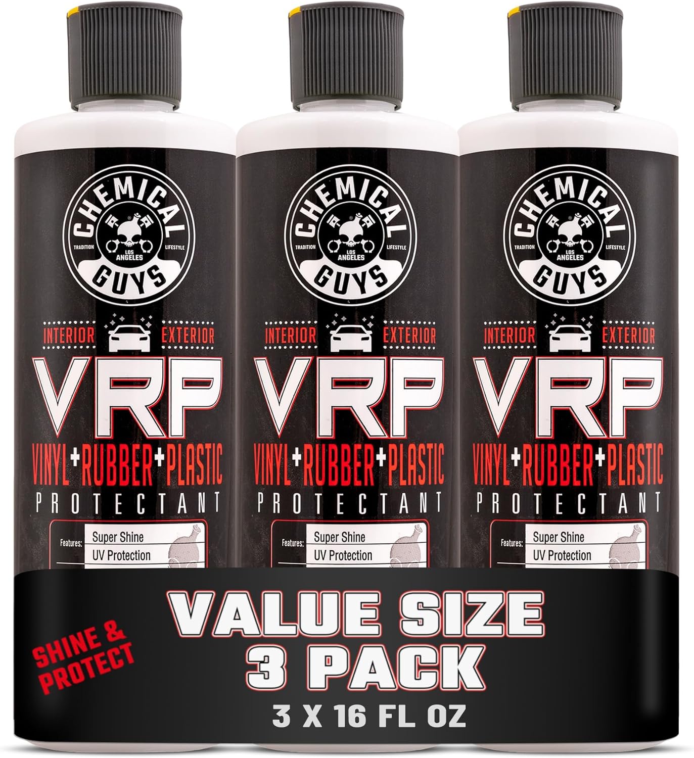 Chemical Guys VRP Vinyl, Rubber and Plastic Non-Greasy Dry-to-The-Touch Long Lasting Super Shine Dressing for Tires, Trim and More, 16 fl oz (3 Pack)