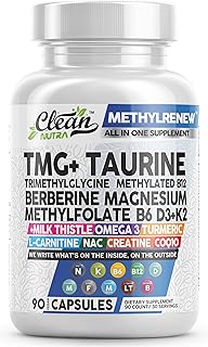 Clean Nutra TMG Taurine Supplement - Methylated Multivitamin with B6 Vitamins, B12, D3 K2, Berberine, Magnesium Methylfolate Milk Thistle Omega 3 Turmeric NAC L Carnitine Creatine COQ10 & More, 90 Ct