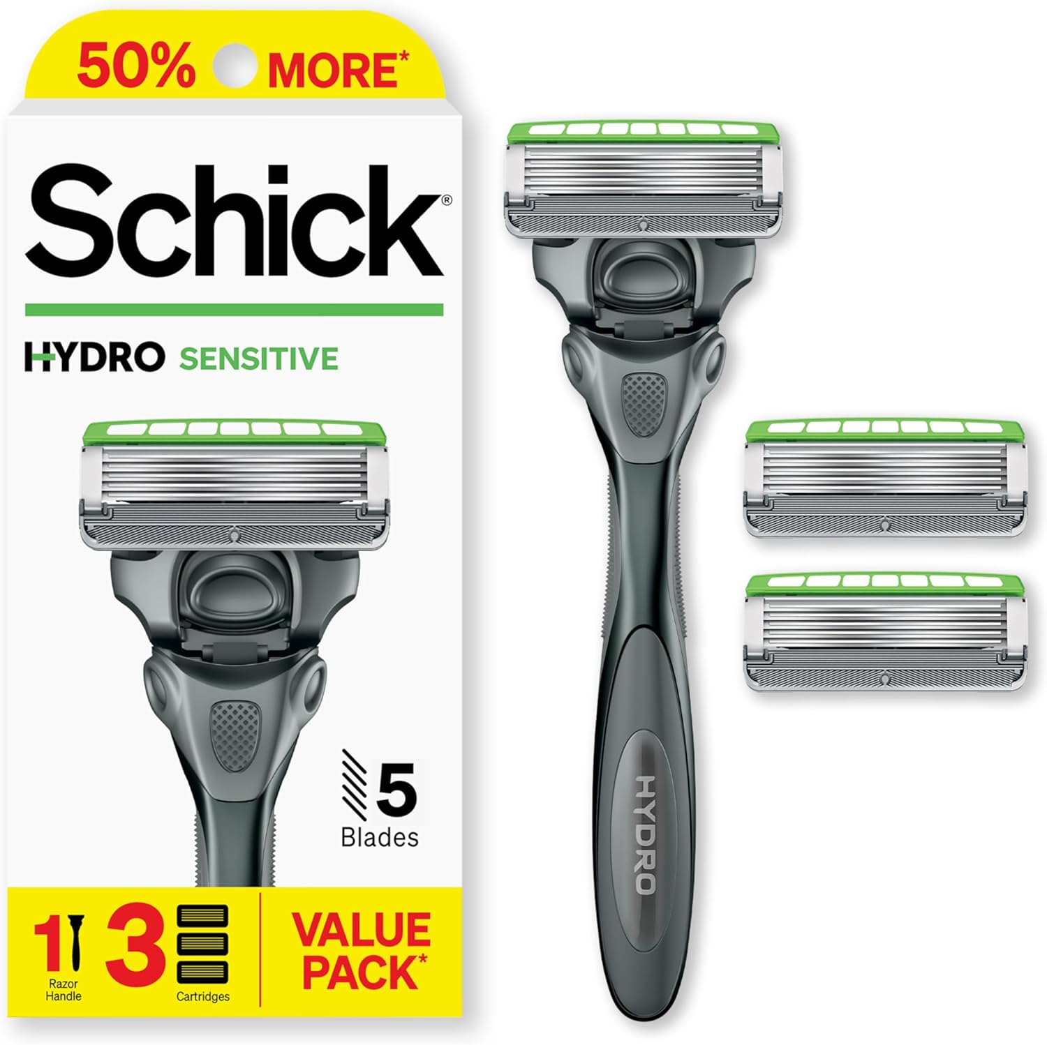 Schick Hydro Sensitive Razor, 1 Razor Handle and 3 Cartridges | Razors for Men Sensitive Skin, 5 Blade Razor Men, Men's Razors for Shaving, Razor Blades for Men, 1 Handle with 3 Razor Blades Refills