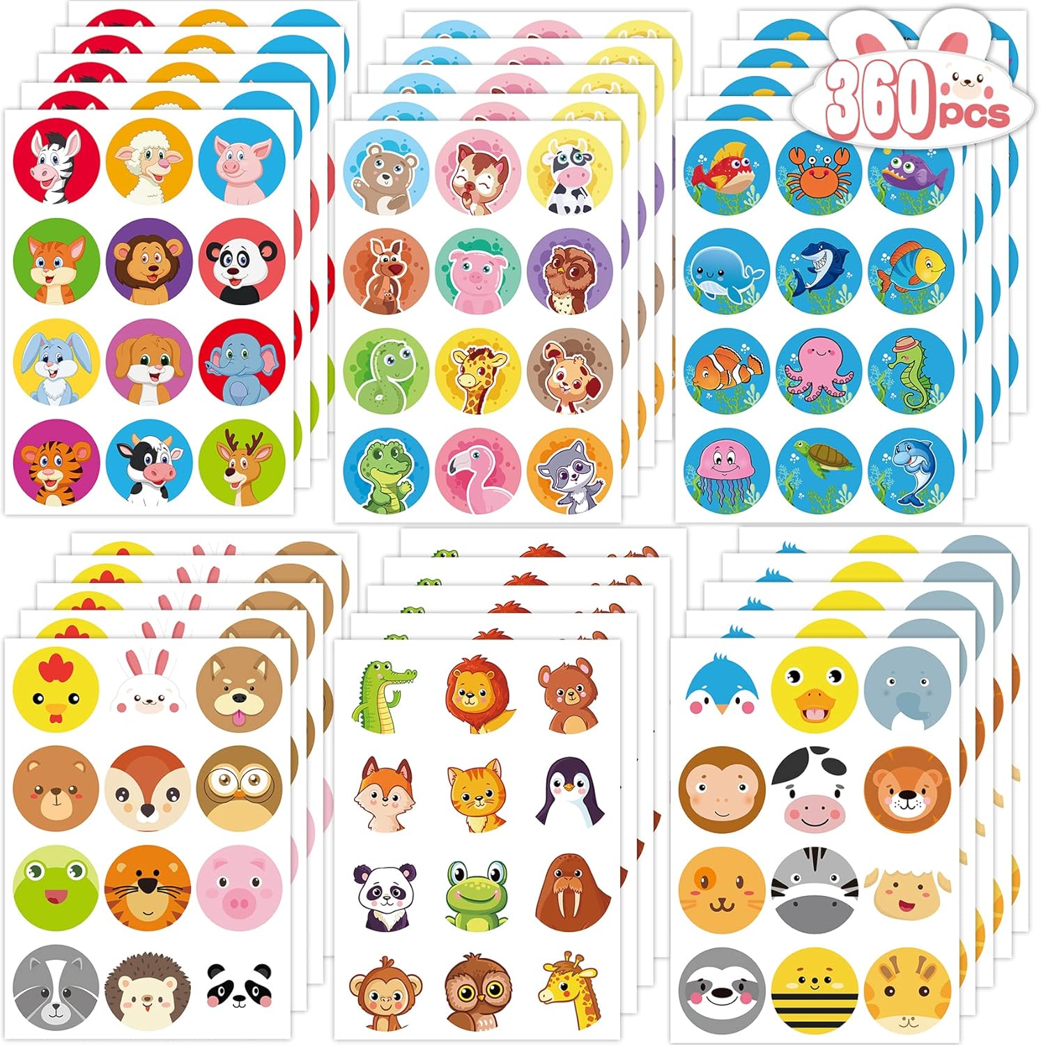 RMMD Cute Animal Circle Stickers - 30 Sheets for Cards, Envelopes, Boxes & Scrapbook - Teacher Reward & Party Favours