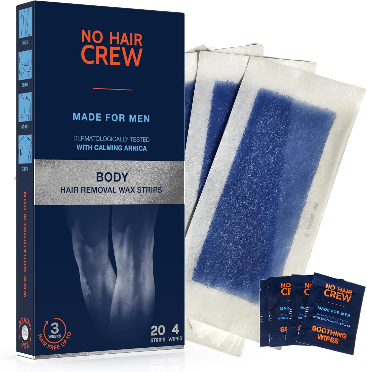 NO HAIR CREW Body Wax Strips – High Performance Wax Strips Made for Men, 20 strips & 4 soothing cleansing wipes
