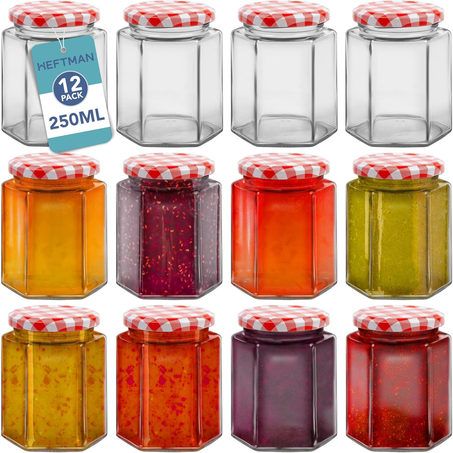 Small Glass Jars with Lids - 12 Pack Airtight 250ml Jam Jars with Red Gingham Lids for Use as Pickle Jar, Jams, Honey, Candle Making, Preserving, Food Storage - Hexagonal Shape (Empty)