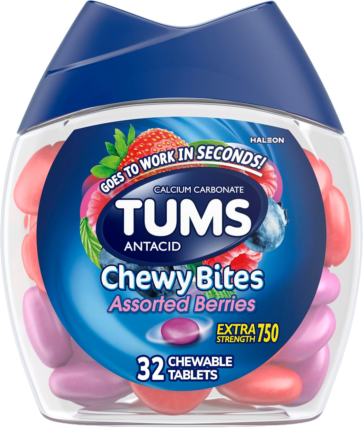 TUMS Chewy Bites Antacid Tablets, Assorted Berries, 32 Count