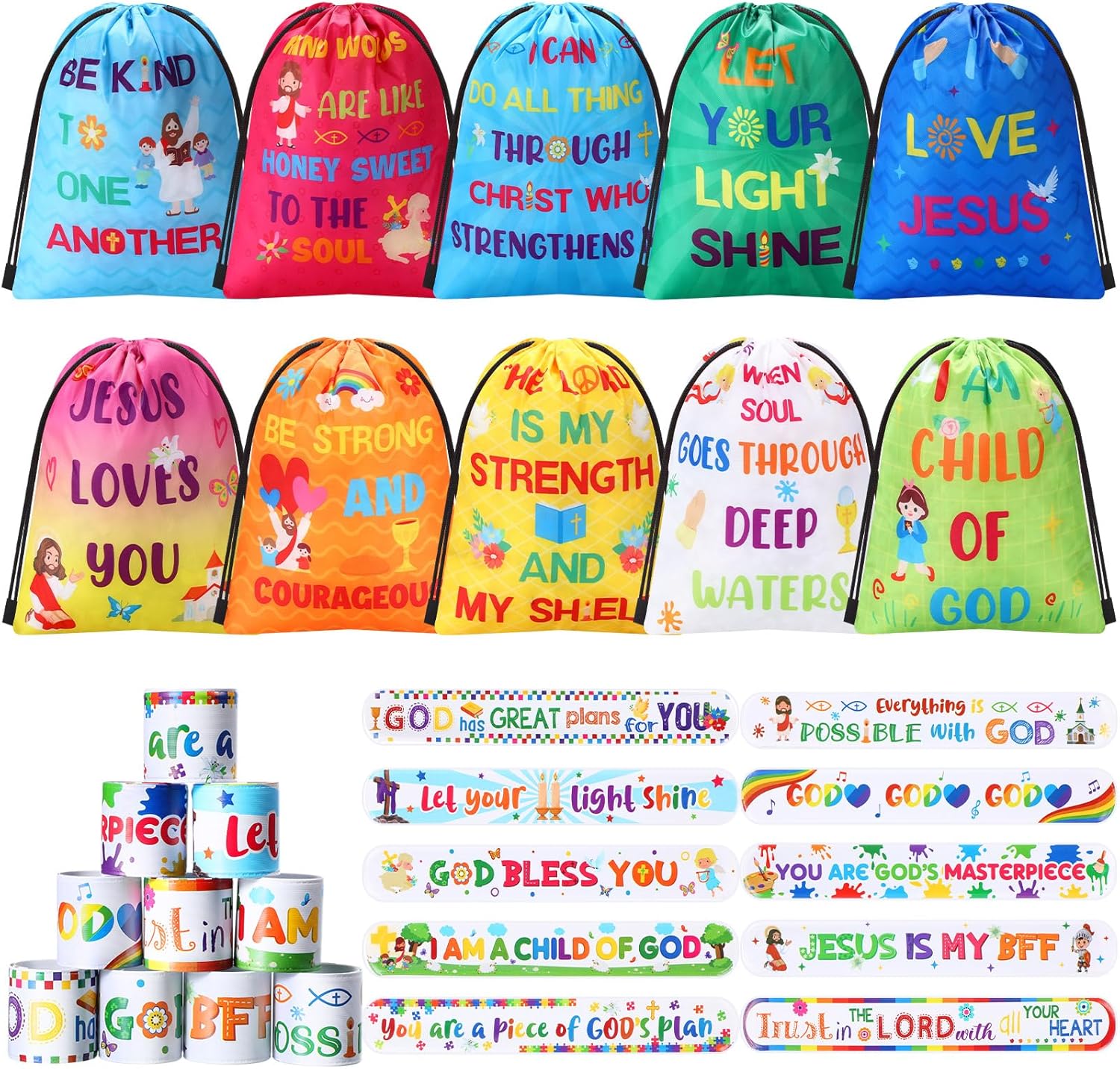 Frienda 10 Sets Bible Verse Drawstring Bags with Slap Bracelets Religious Party Favors Jesus Loves You Gifts Inspirational Motivational Christian Bags Wristbands for Sunday School Supplies (Stylish)