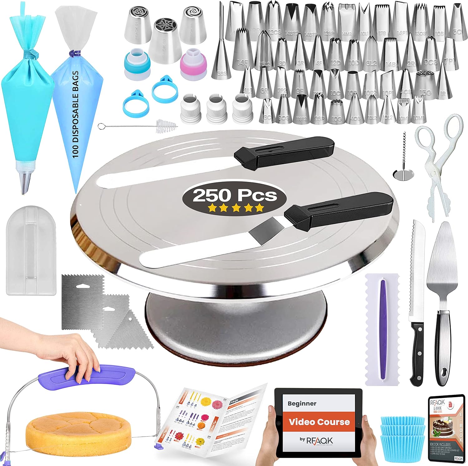 RFAQK 250 PCs Professional Cake Decorating Kit Supplies - Aluminum Alloy Cake Turntable 12" with 48 Numbered Icing Nozzles and Piping Bags,Ebook,Cake Leveler Straight-Angled Spatula, Baking Supplies