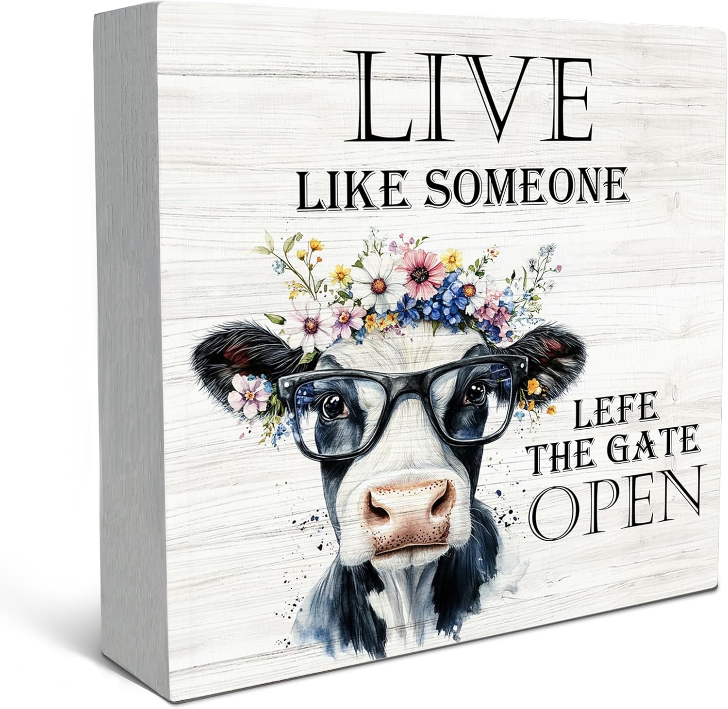 SRADMO Rustic Farmhouse Cow Live Like Someone Left the Gate Open Wood Box Sign Desk Decor, Farmhouse Cow Theme Wooden Block Box Sign Decoration for Home Desk Shelf Table