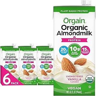 Orgain Organic Vegan Protein Almond Milk, Unsweetened Vanilla - 10g Plant Protein, Vitamin D & Calcium, No Lactose, Dairy & Soy Ingredients, Gluten Free, No Sugar Added, 32 Fl Oz (Pack of 6)