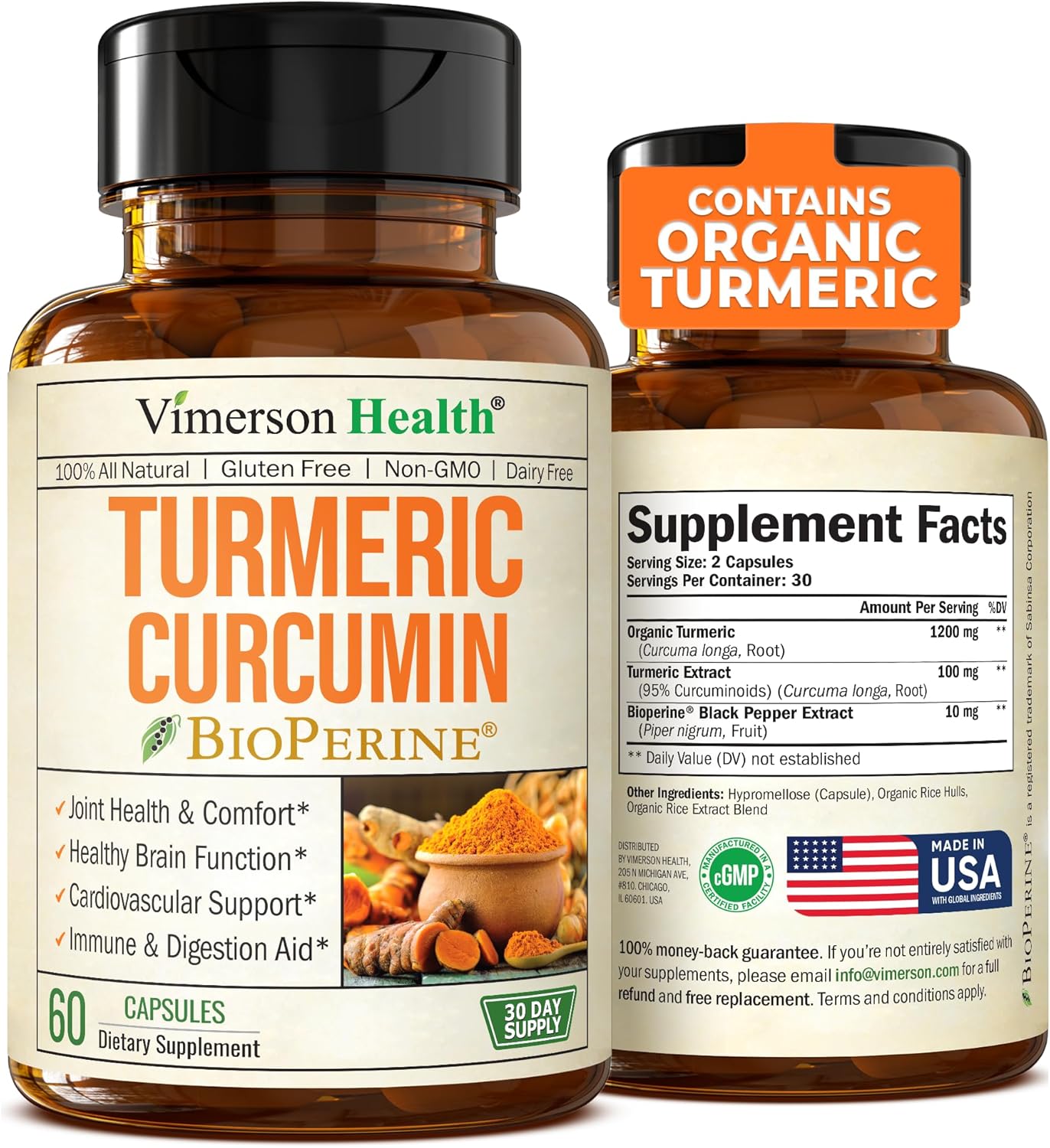 Turmeric Curcumin with Black Pepper Extract (Bioperine) & Organic Tumeric Vegan Joint Support Supplement. 95% Curcuminoids Turmeric Supplement for Healthy Joints & Immune Support. 60 Curcuma Capsules