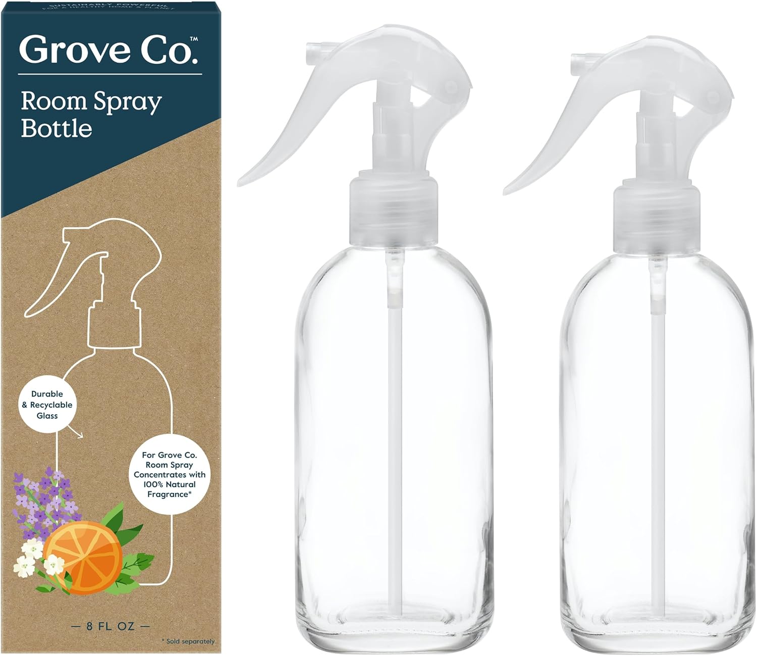 Grove Co. Spray Bottle Set (2 Pack) Refillable 8 Oz Glass Spray Bottles for Room Spray Concentrates, Made of Lead-Free, Partially Recycled Glass, Dishwasher Safe, Help Reduce Plastic Waste
