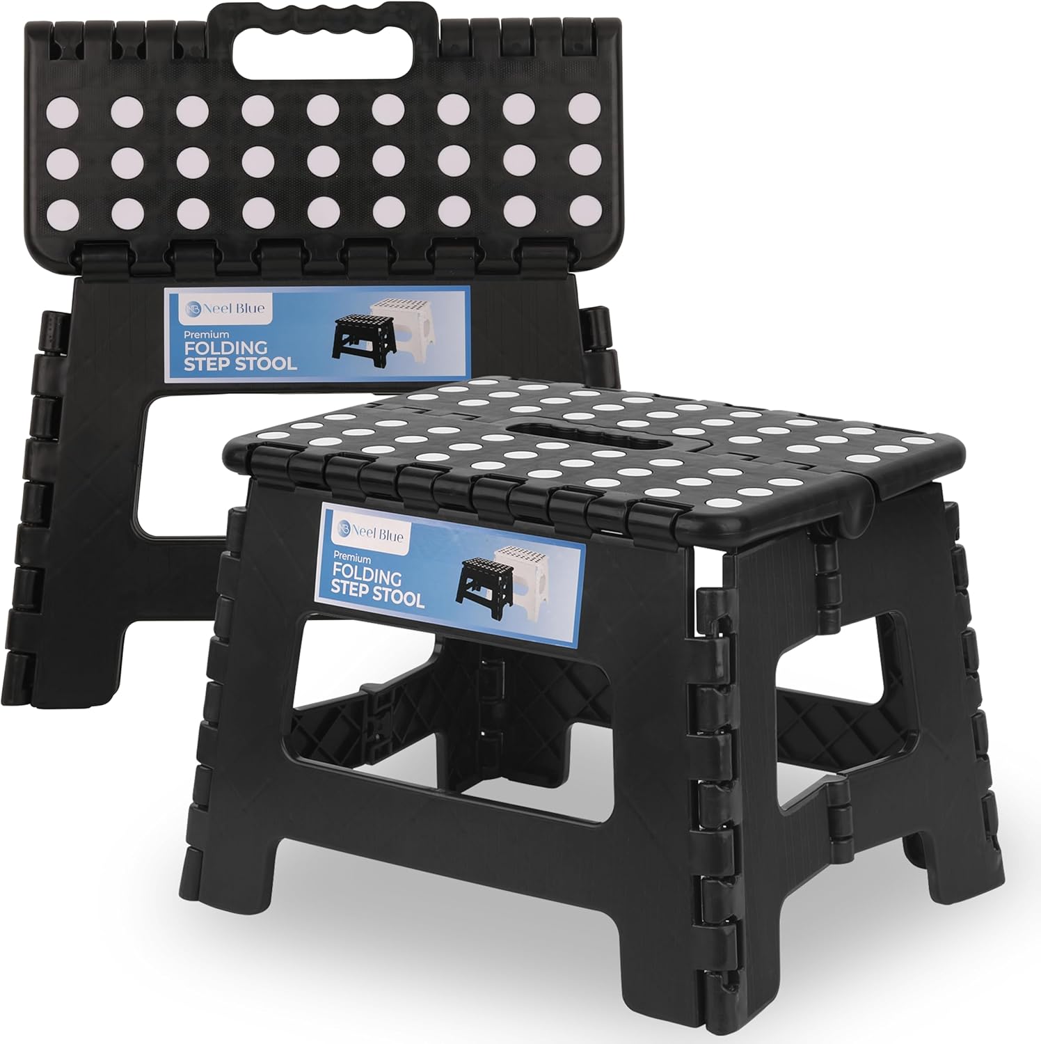 Trimming Shop Heavy Duty 9 Inch Folding Step Stool with Carry Handle, Anti Slip Surface, Portable Plastic Foldable Camping Stool for Kitchen, Bathroom, Indoor/Outdoor Use, 330lbs Load Capacity - Black