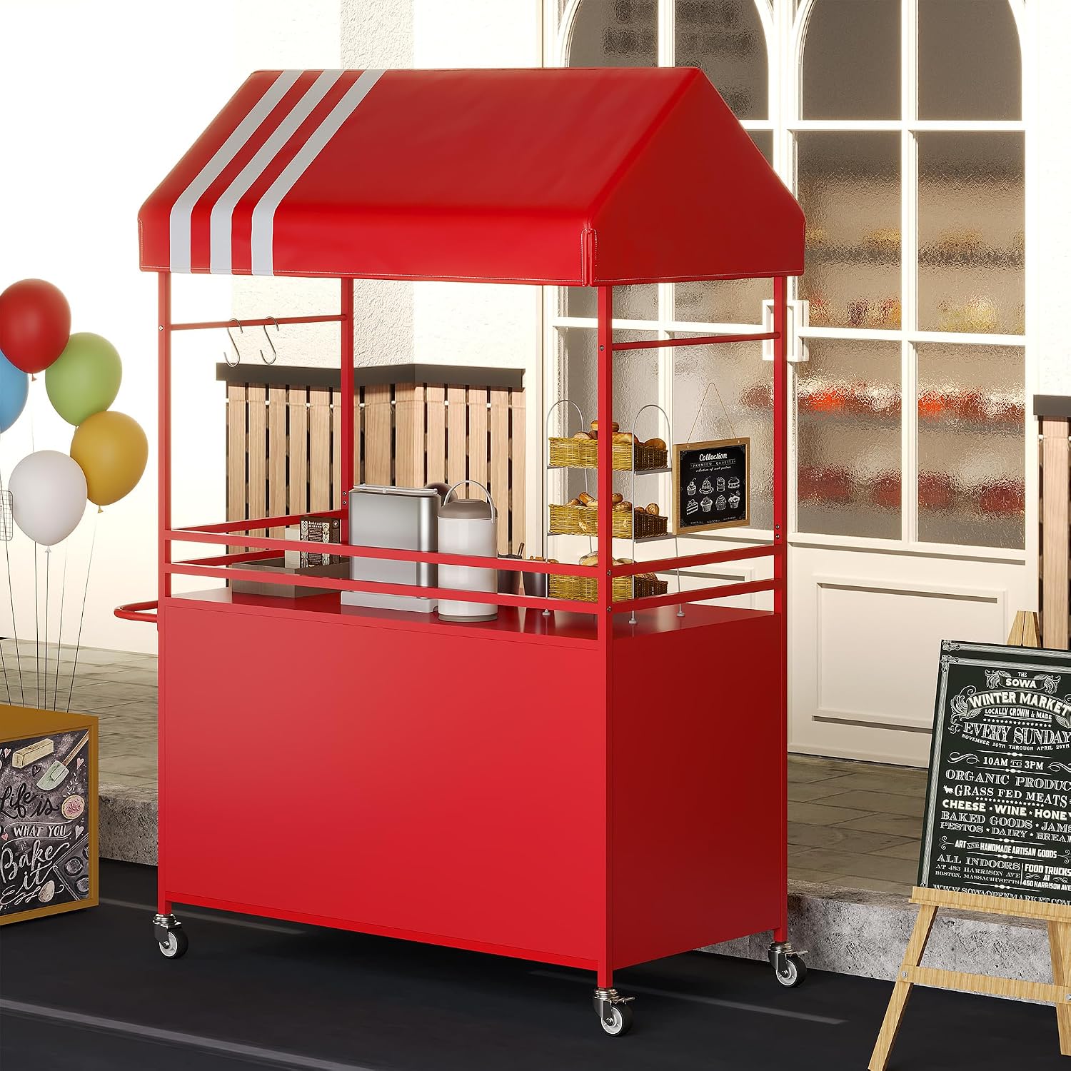 Portable Vendor Cart with Canopy, Mobile Food Display Stand with Lockable Wheels, Mobile Food Carts for Sale, Portable Food Display Stand for Market, Street Food & Events (Red)