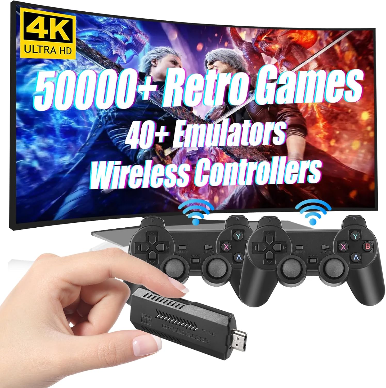 Wireless Retro Game Console, 128G Game Console Built in 50,000 Games, 40+ Emulators, Dual Wireless Controllers, Plug & Play Video Game Consoles, 4K HDMI Nostalgia Stick Game for TV
