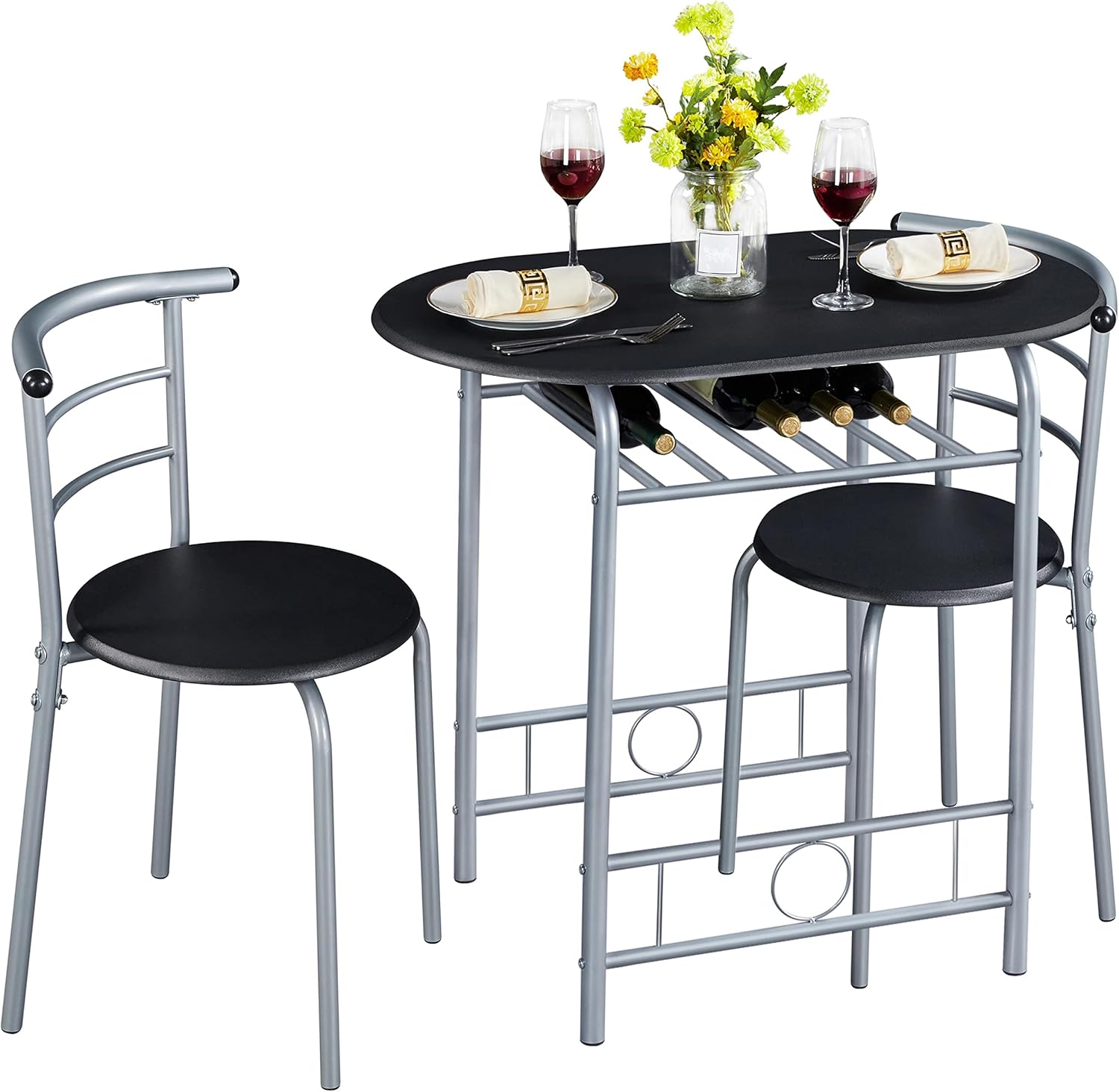 Yaheetech 3 Piece Dining Table & Chairs Set, Compact Dining Room Set with Storage Shelf and Wine Rack, Modern Breakfast Bar Table Set for Kitchen/Apartments/Small Space, Black, 80x53x75.5cm