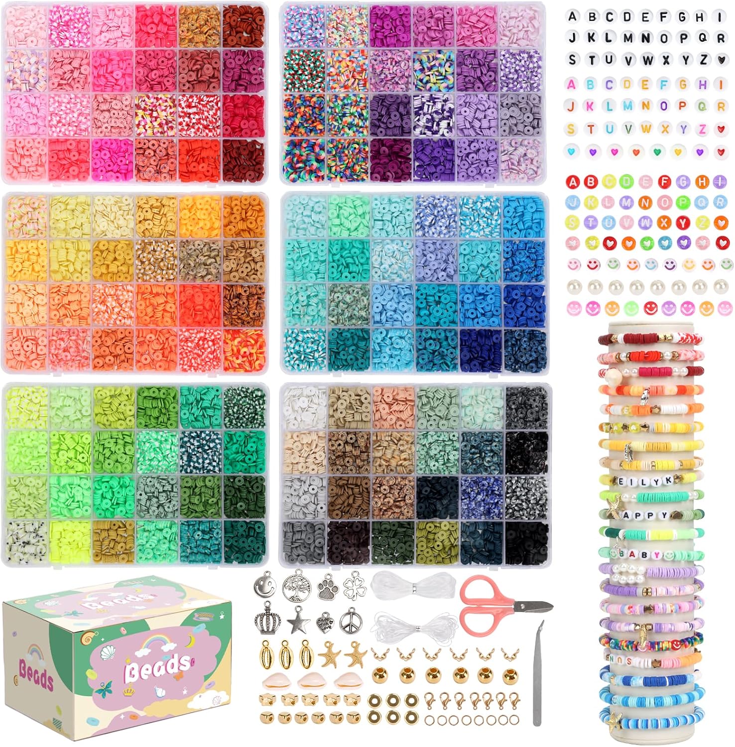 QUEFE 15000 Clay Beads Bracelet Making Kit, 144 Colors 6 Boxes Friendship Bracelet Charm Concert Bracelets Merch Flat Beads, Polymer Heishi Beads for Jewelry Making, for Crafts Christmas Gifts