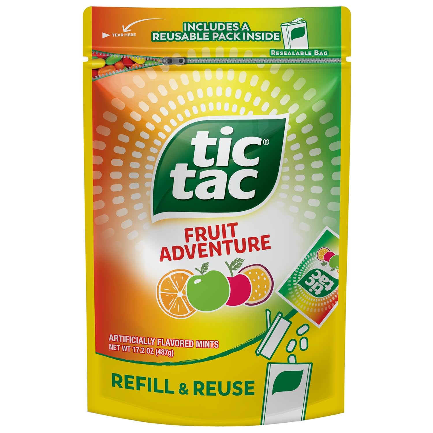 Tic Tac Bulk Resealable Refill Bag, Fruit Adventure Mints, On-The-Go Refreshment, Includes Empty Refillable Pack, 17.2 oz
