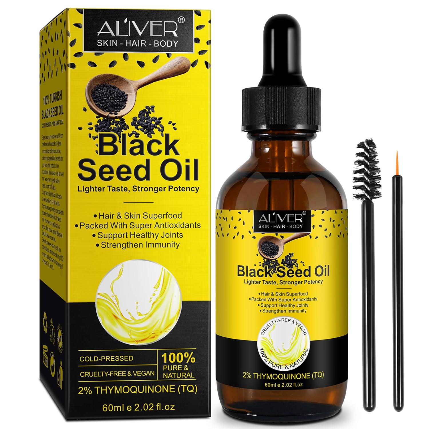 Black Seed Oil, 60ML Organic Cold Pressed Unrefined Black Seed Oil, Pure Natural Black Seed Oil for Hair Growth, Strengthen Immunity, Digestive Health and Brain Support, Glass Bottle, 2.02 oz
