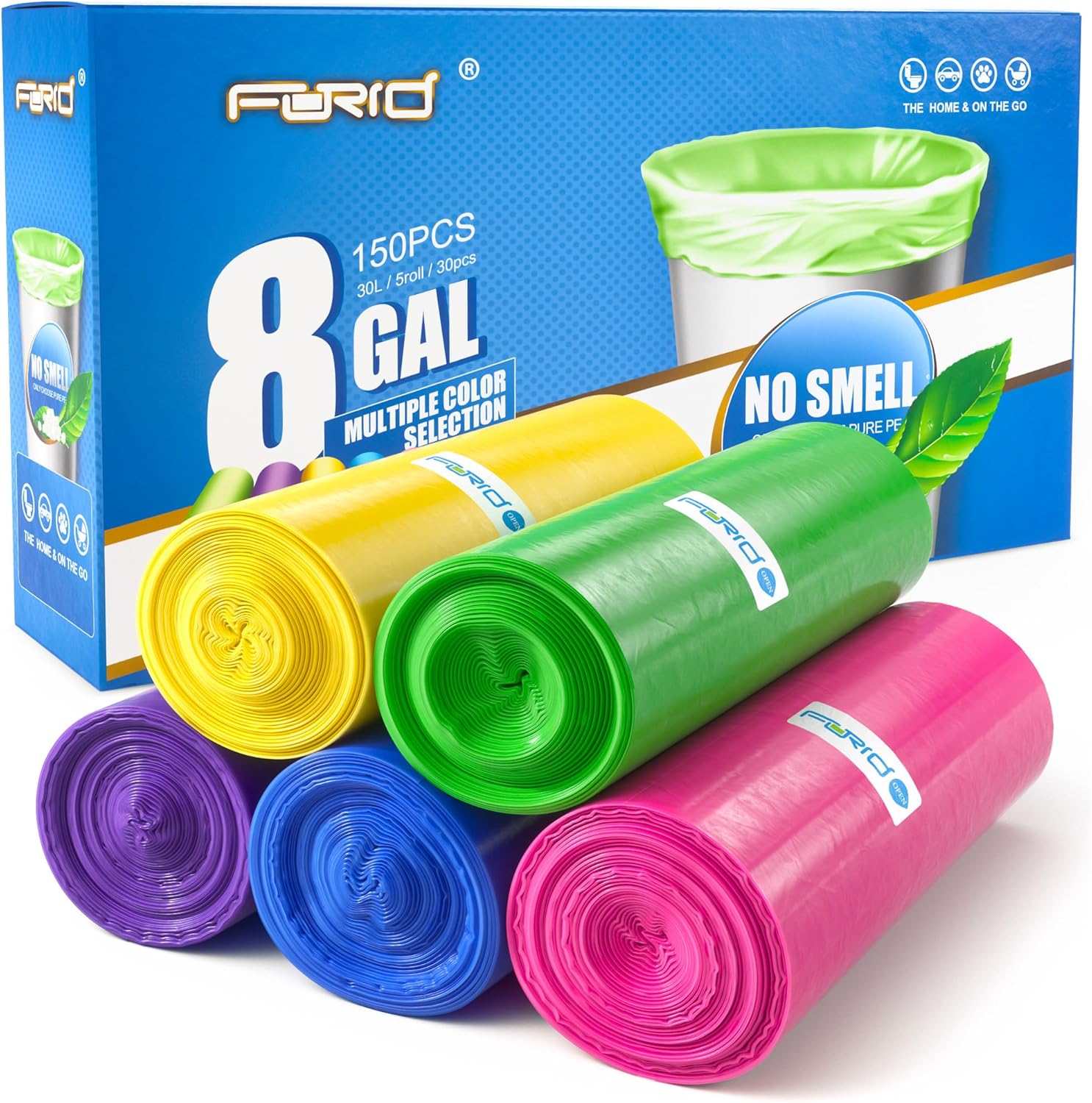 FORID 8 Gallon Trash Bags Colored - Extra Thick Medium Garbage Bags Unscented, Strong Plastic Waste Can Liners for Home Bathroom Office Kitchen,150 Count 5 Rolls,30 Liters