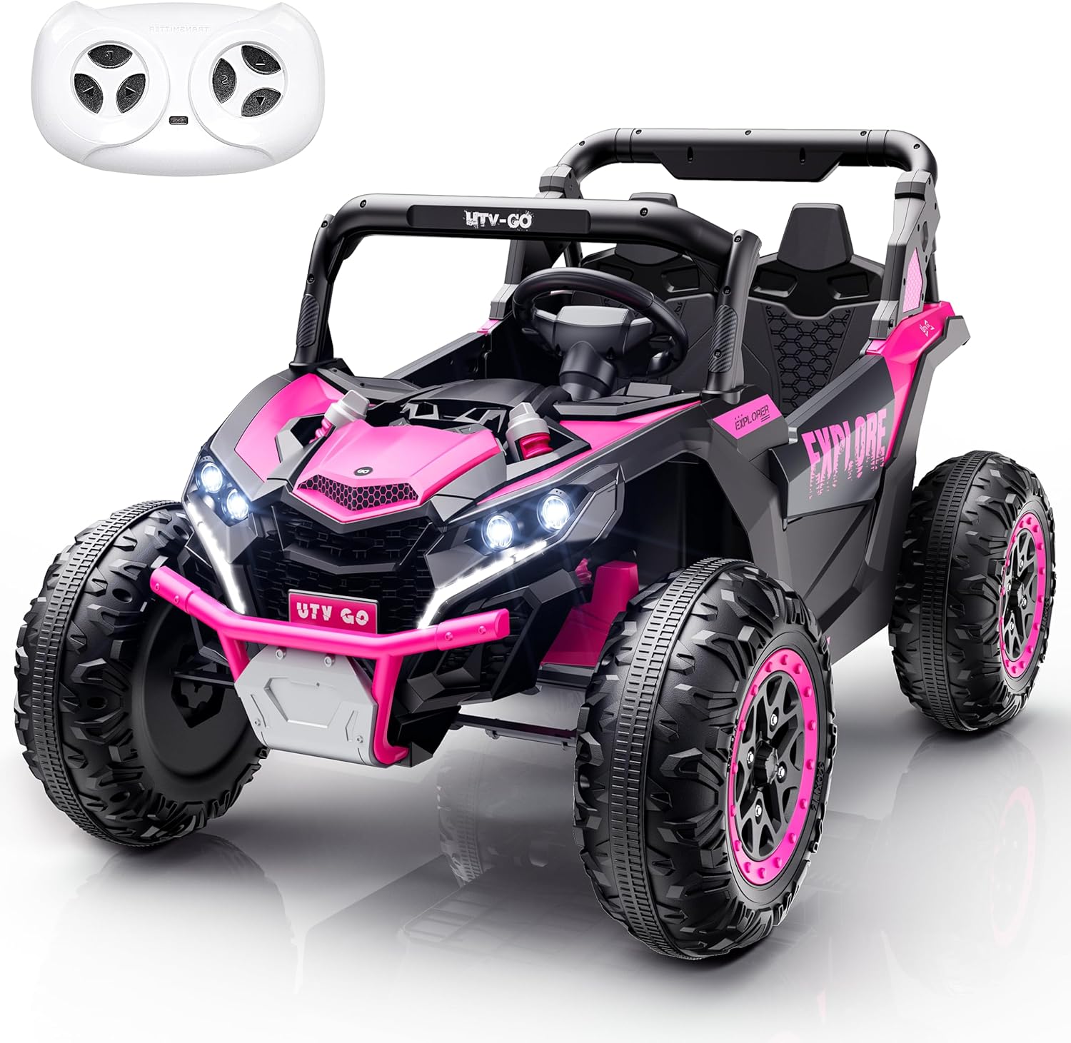 Evmore 4WD Kids Ride on Car, 24V Electric Off-Road UTV Truck, 20" Spacious 2 Seat, 7Ah Large Battery Electric Car with Remote Control, Safety Belt, Horn, Music, and Lights for Kids Aged 3-8 Years Pink