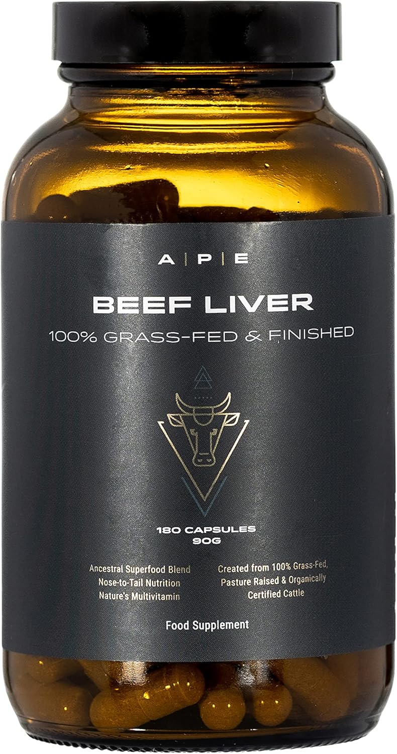 APE Nutrition Beef Liver Capsules Grass Fed - Desiccated Organs, Ancestral Supplement UK, Nose to Tail, 100% Grass Fed & Finished, No Antibiotics Hormones or GMOs, 180 500mg Capsules