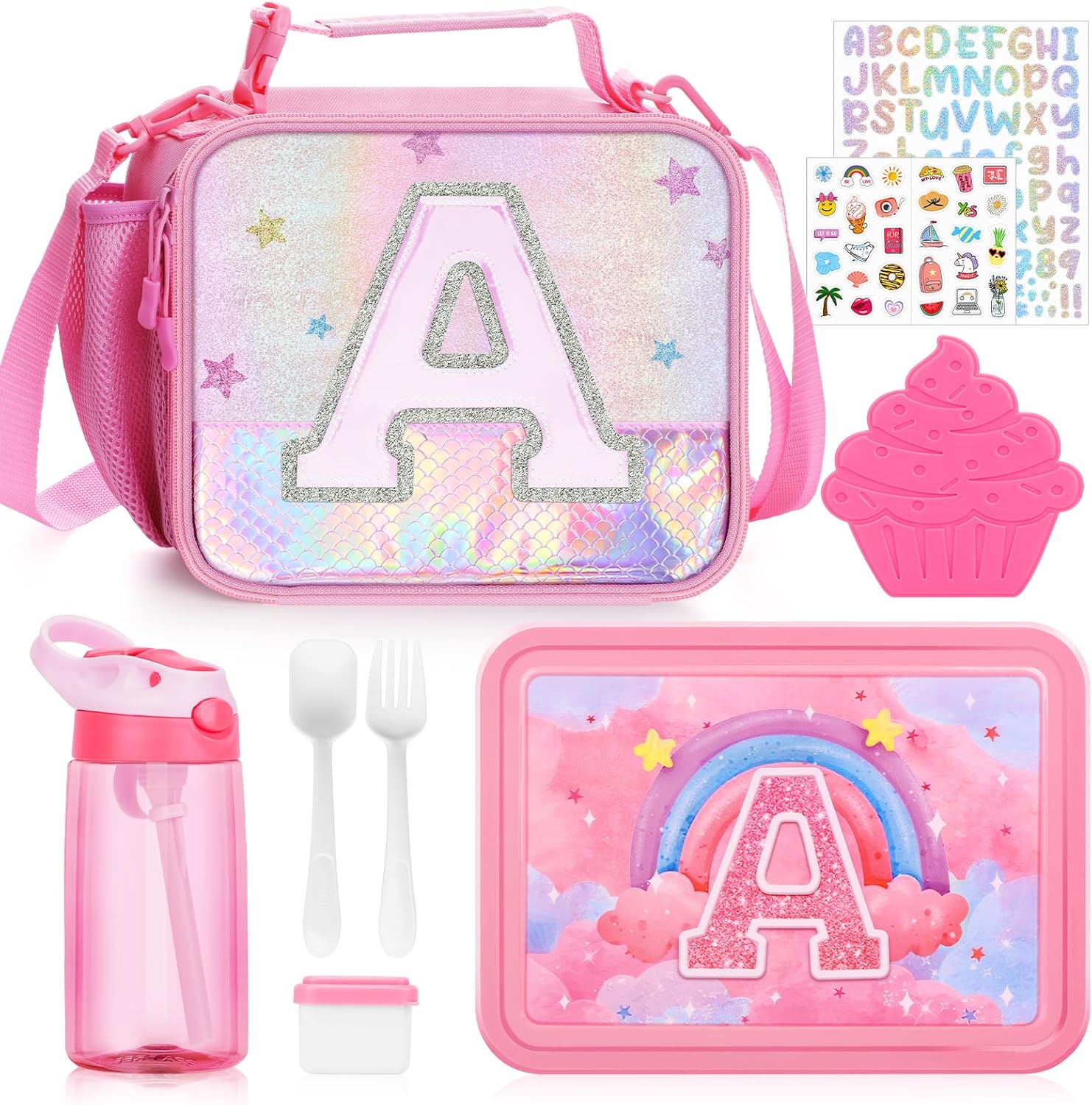 JYPS Lunch Box for Girls-Insulated Lunch Bag,Kids Bento Box with 6 Compartment,Water Bottle,Ice Pack,Salad Container,Perfect Lunch Container for Kids and Toddlers Back to School Age 7-15(Pink A)
