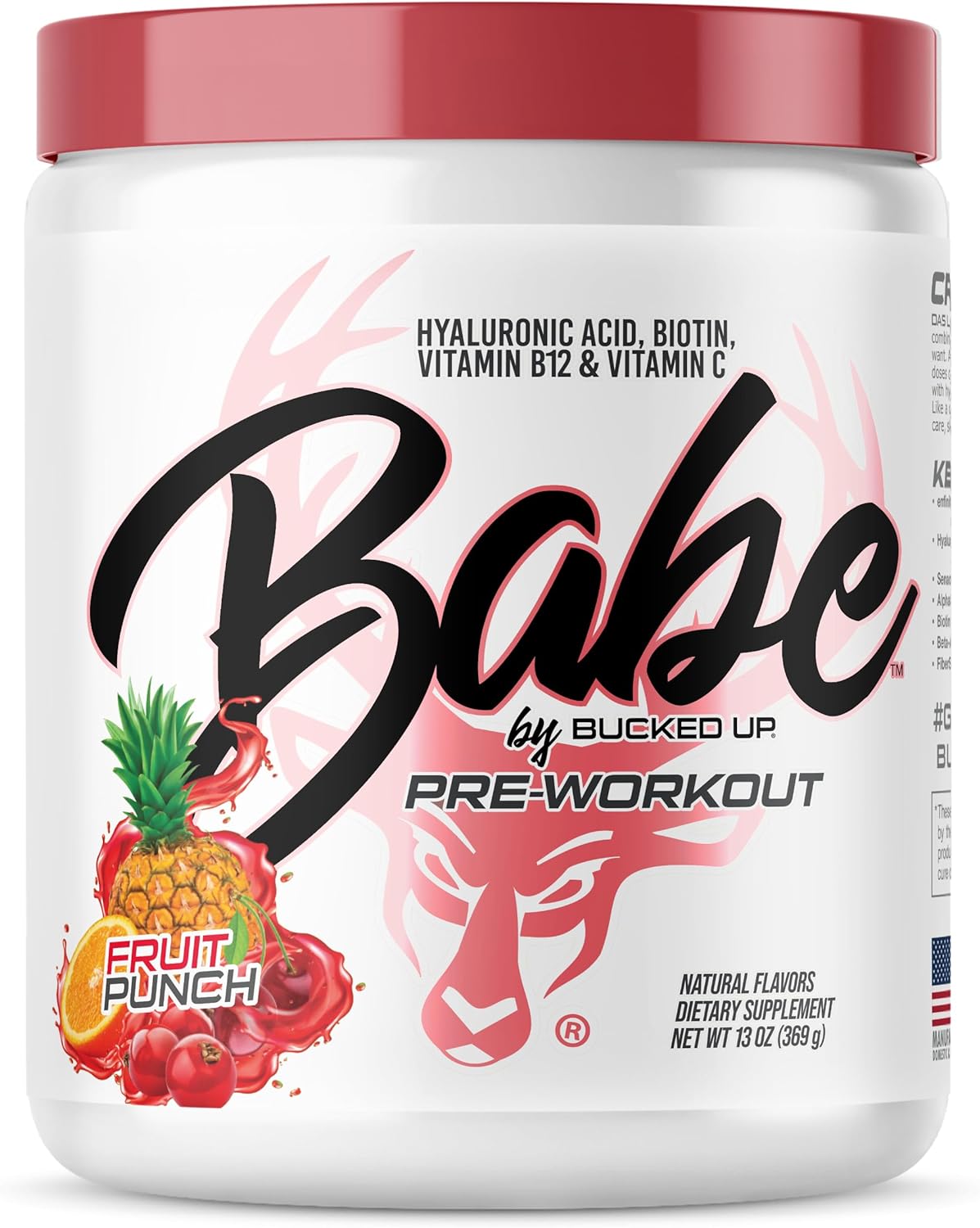 Bucked Up Babe Pre Workout Powder for Women | Fruit Punch | 6g Citrulline, 2g Beta-Alanine, 100mg Hyaluronic Acid, 5mg Biotin and 5 Other Registered trademarked Ingredients | 30 Servings | 13 OZ