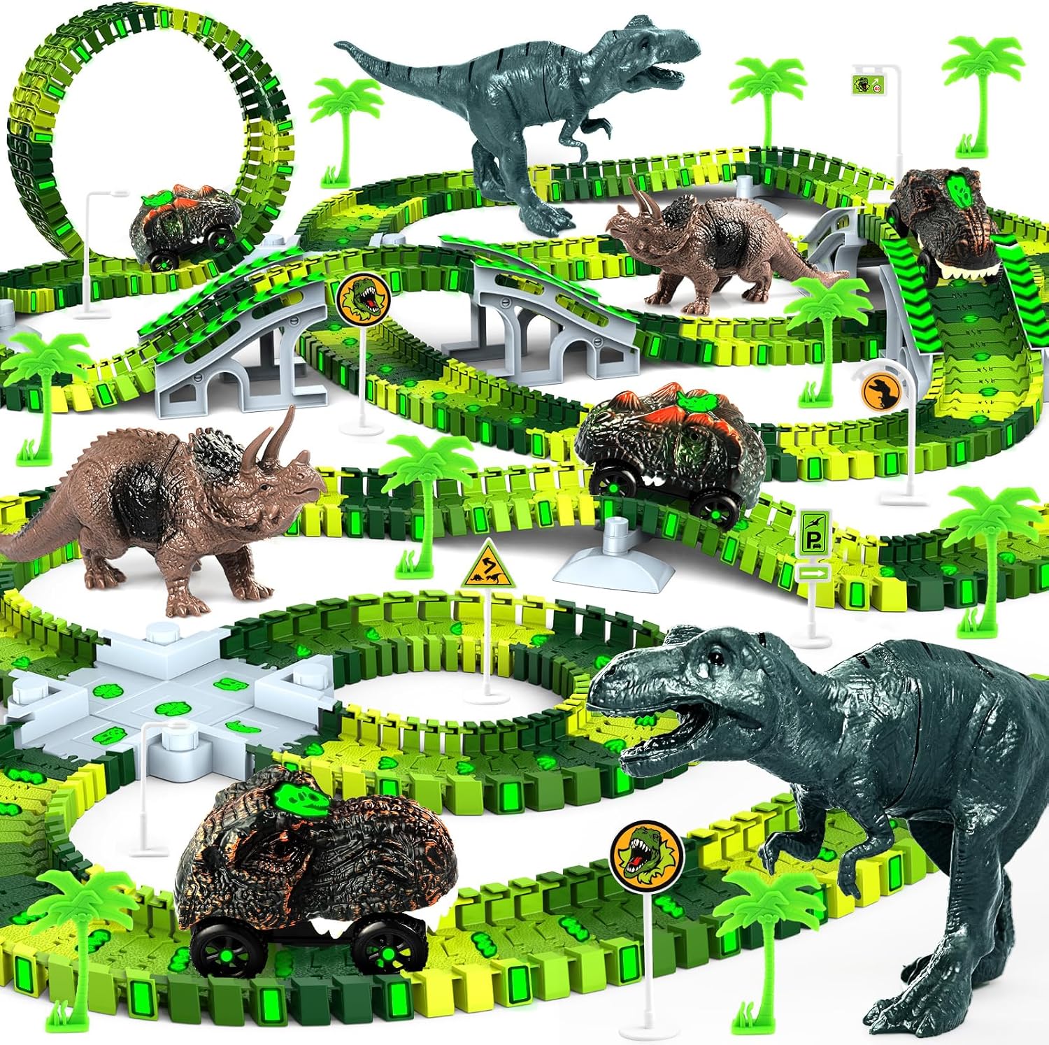 Dinosaur Toys, Create A Dinosaur World Road Race Tracks Glow in The Dark Flexible Train Track Playset, 2pcs Dinosaur Car for 3 4 5 6 Year Old Boys Girls Christmas Birthday Gift, CF2268