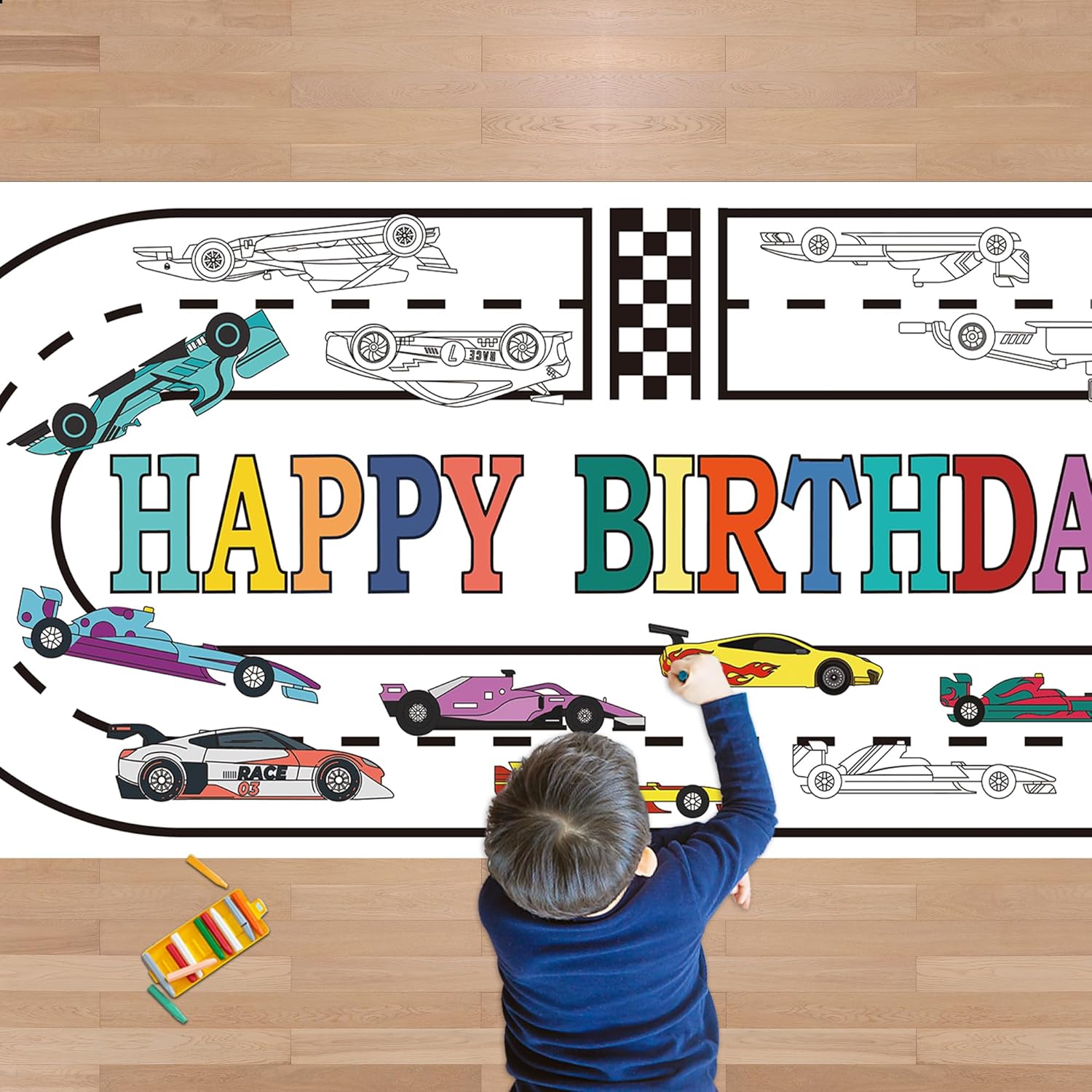 OHOME Race Car Giant Coloring Poster/Tablecloth - Race Car Birthday Party Decorations - 30 x 72 Inches Jumbo Coloring Banner Kids Crafts Activities Decor Party Supplies