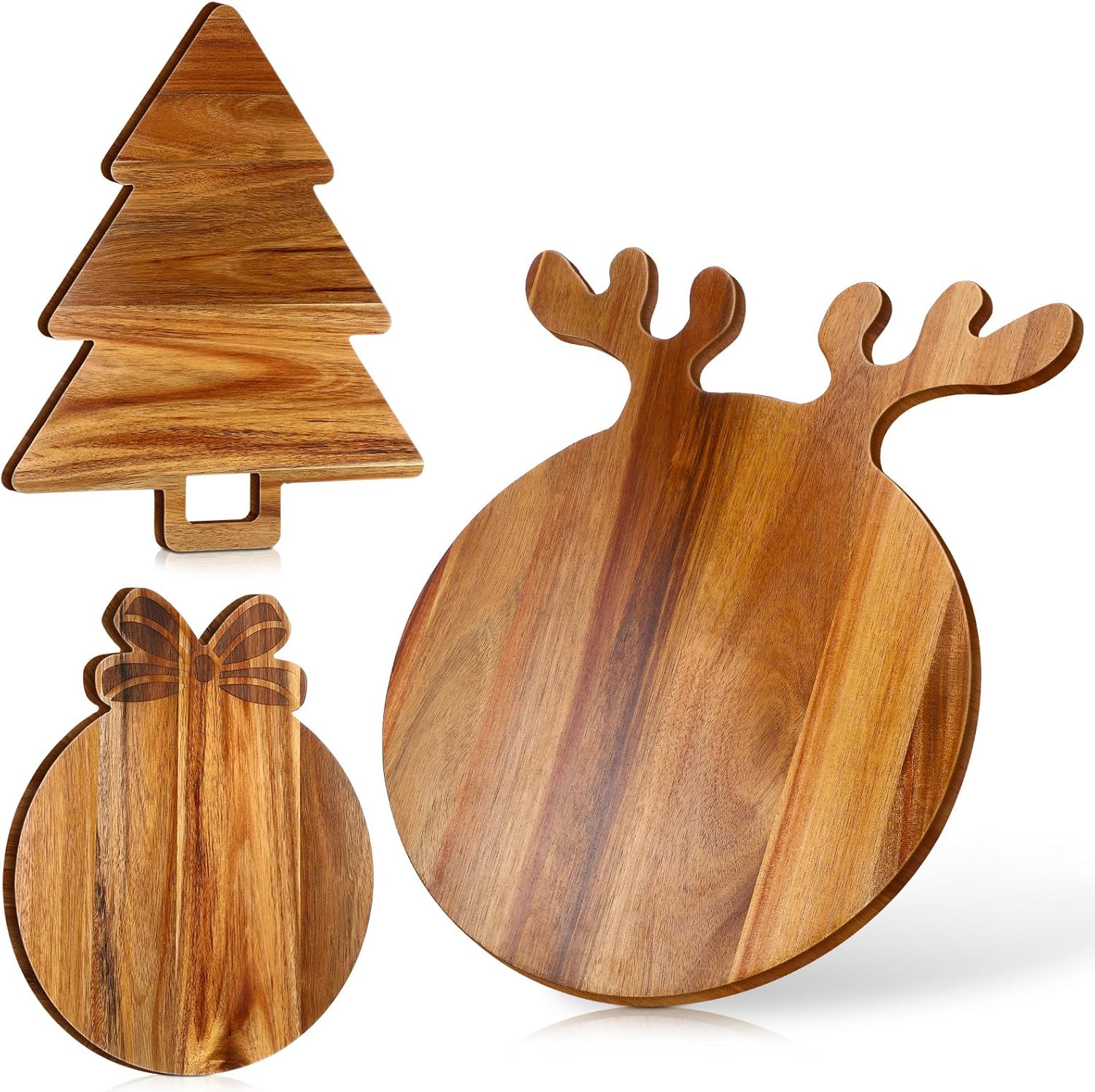 Yungyan 3 Pcs Christmas Acacia Wood Decorative Cutting Board Antler Tree Bowknot Wreath Serving Board for Kitchen with Handle Round Charcuterie Board for Pizza Bread Cheese Fruit Gift for Christmas