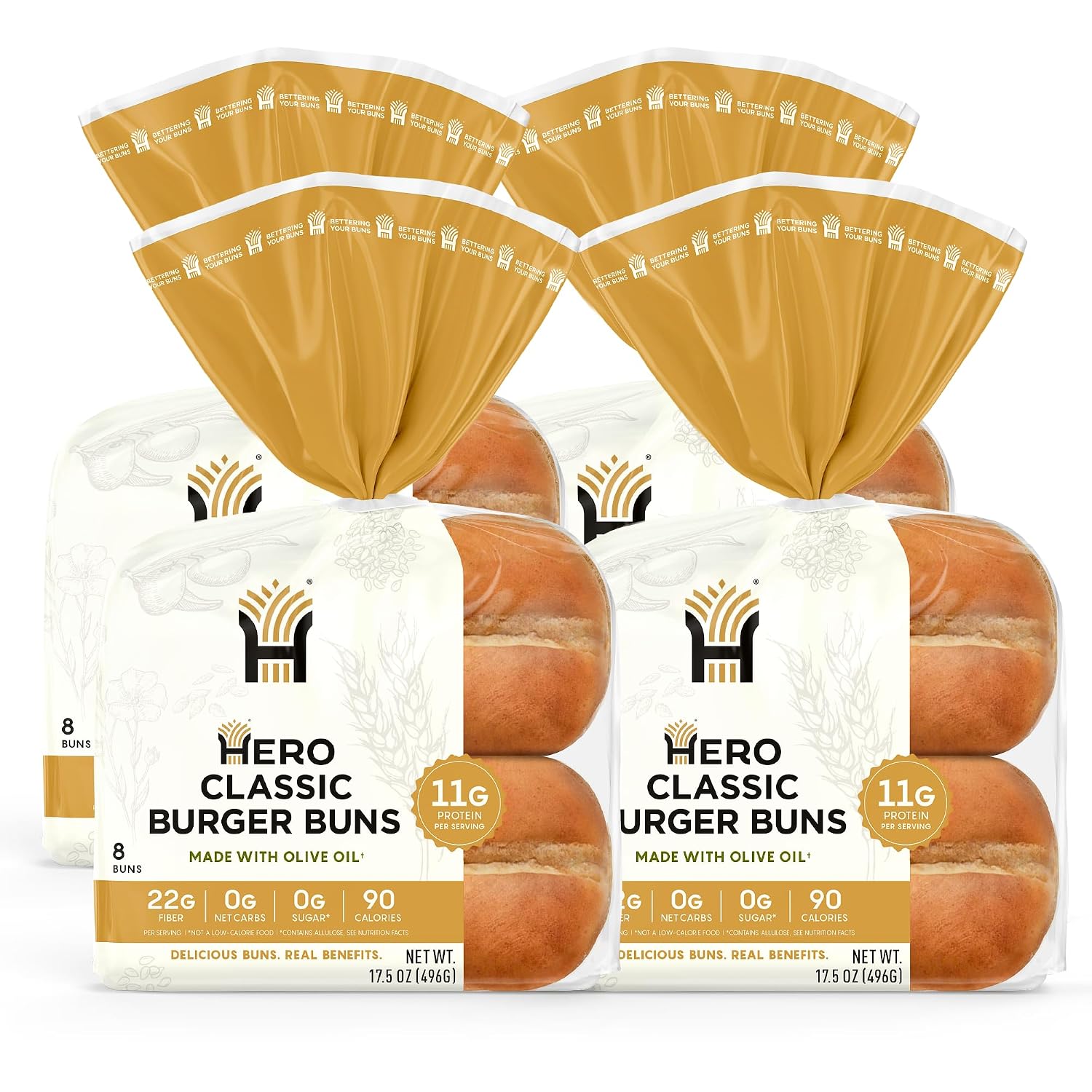 Hero Classic Hamburger Buns - Burger Buns | Net Low Carb Buns | High Fiber, 1g Net Carbs, 0g Sugar & 90 Calories Per Serving Burger Rolls (32 Buns, Pack of 4)