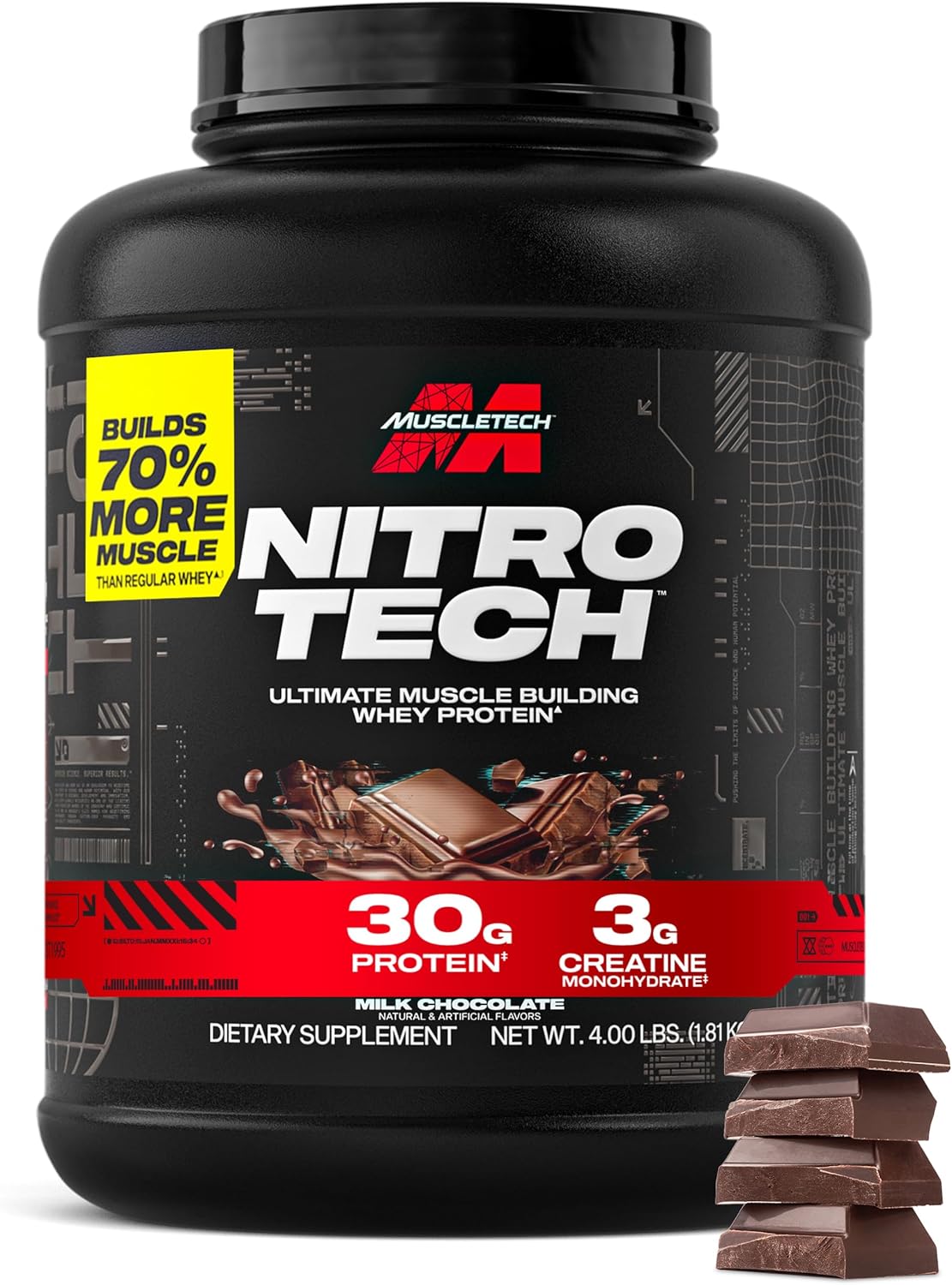 Muscletech Whey Protein Powder (Milk Chocolate, 4 Pound) - Nitro-Tech Ultimate Muscle Building Formula with Whey Protein Isolate & Peptides - 30g of Protein, 3g of Creatine & 6.8g of BCAA